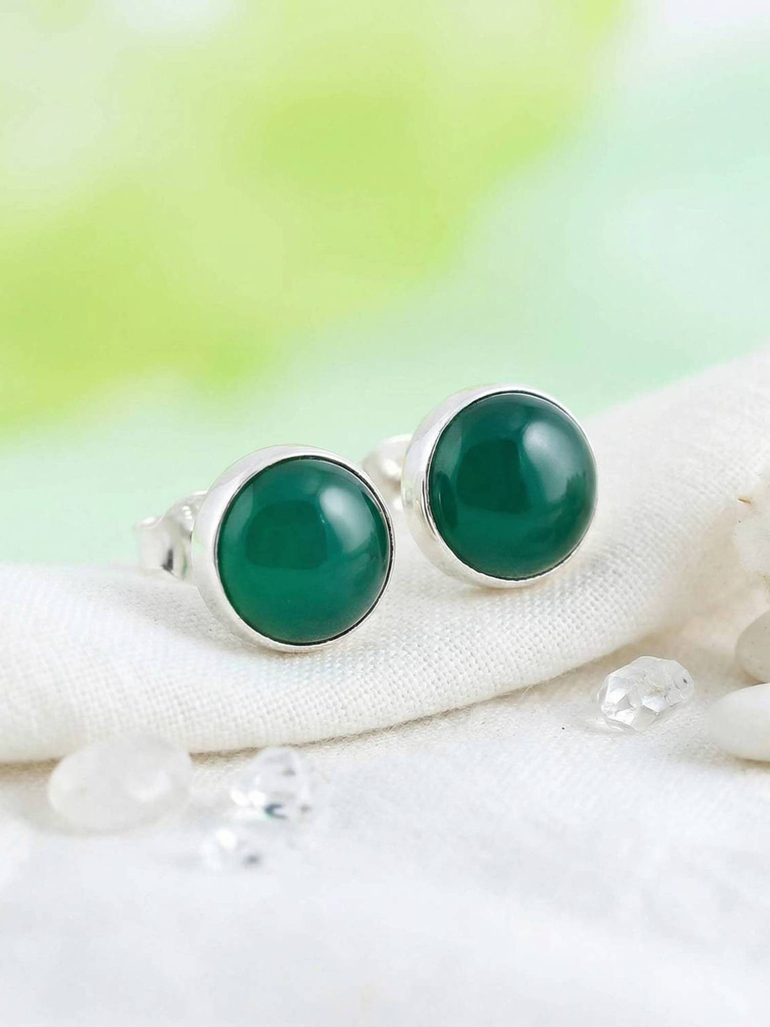 mantraroma Paar Ohrstecker SAMA rund medium aus 925 Silber mit grünen Onyx (Paar, Paar Ohrringe mit Schmuckbeutel), 925 Sterling Silber Ohrringe für Damen