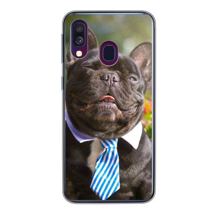 MuchoWow Handyhülle Französische Bulldogge - Krawatte - Blau Handyhülle Samsung Galaxy A40 Smartphone-Bumper Print Handy