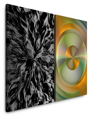 Sinus Art Leinwandbild 2 Bilder je 60x90cm Abstrakt Kreise Wellen Schwarz Orange Yin Yang Schwingungen