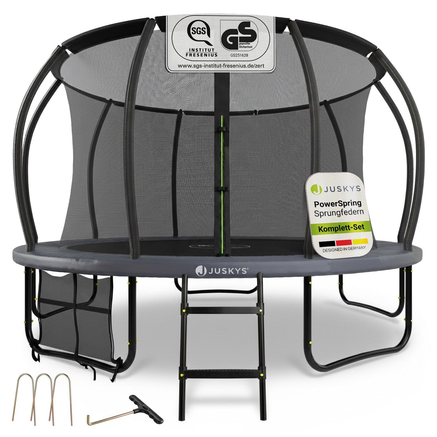 Juskys Gartentrampolin Skybounce, Ø 366 cm, Ø 366 cm, Komplett-Set mit Leiter, Getränkehalter, Bodenanker