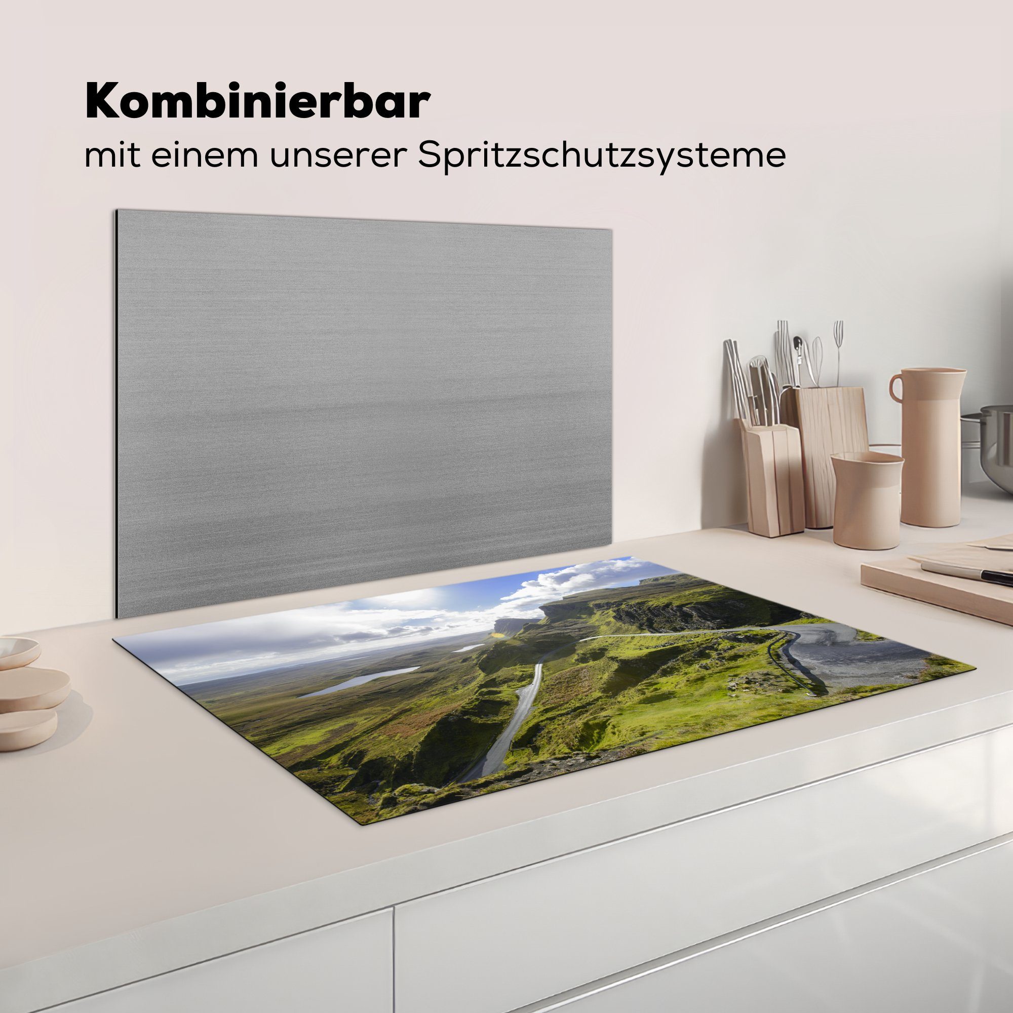 durch cm, Herdblende-/Abdeckplatte Vinyl, tlg), eine Landschaft, küche, schottische Morgen Induktionskochfeld MuchoWow Schutz Sonniger die Ceranfeldabdeckung für 81x52 (1