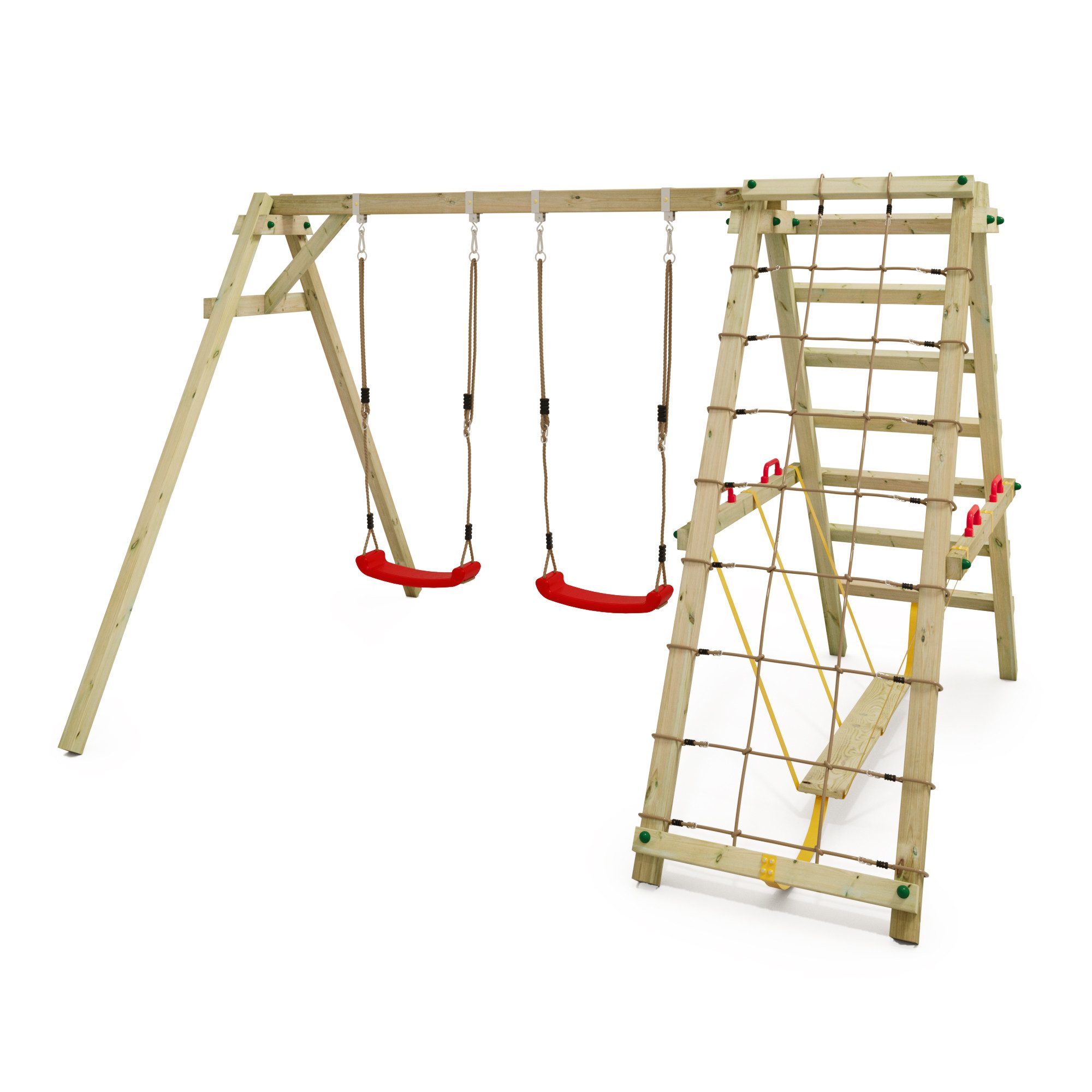 Wickey Doppelschaukel Smart Hike – Schaukel-Kletter-Kombi mit 10 Jahren Garantie*, (Kinderschaukel - Kreativer Spielspaß mit Klettern & Schaukeln kombiniert, Gartenschaukel mit zwei Sitzen & Kletteranbau), Robuste Holzschaukel mit Kletterelement und Schwebebalken