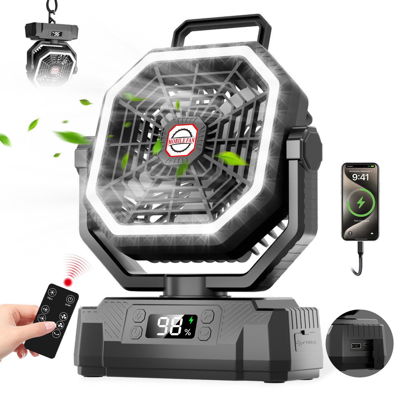 AUDEW Tischventilator 3 in 1 Camping Ventilator mit Powerbank, LED Licht, Fernbedienung, 20000mAh Akku-Ventilator 4 Gang USB Luftkühler für Reisen