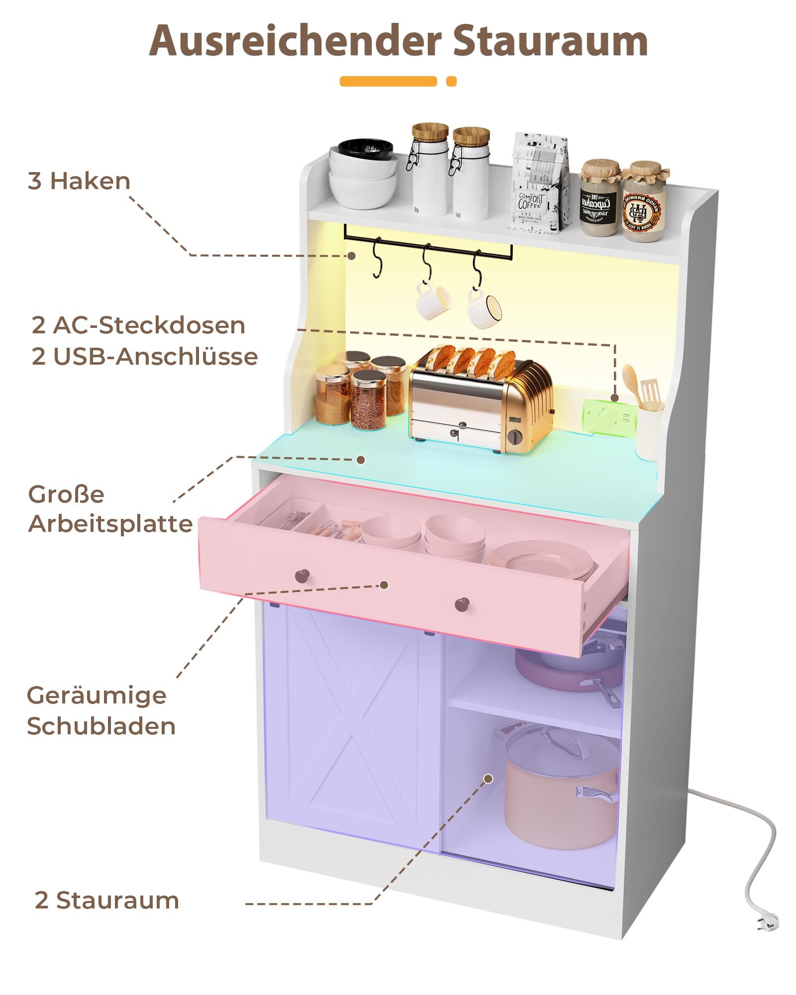MSMASK Sideboard Küchenschrank Mehrzweckschrank mit LED und Steckdose, mit Große Schublade, 3 Hakens, Verstellbaren Ablagen, 70 *40 *134 cm