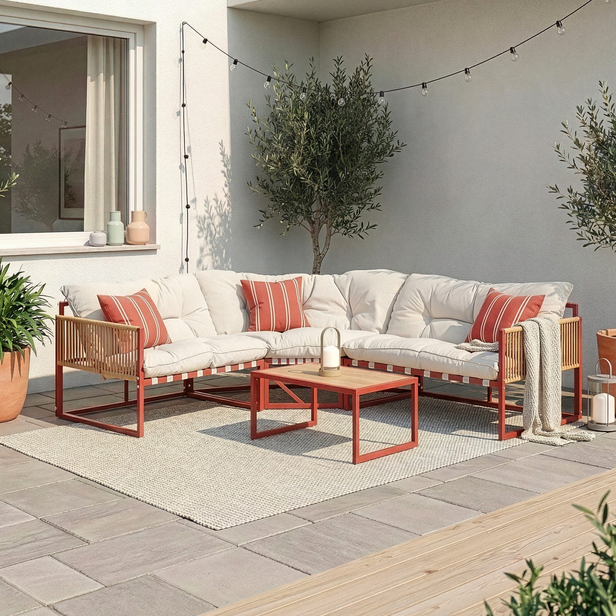 casa.pro Loungeset, (Set, 4-tlg), »Karg« Sofa mit Couchtisch Kissen Rot/Beige