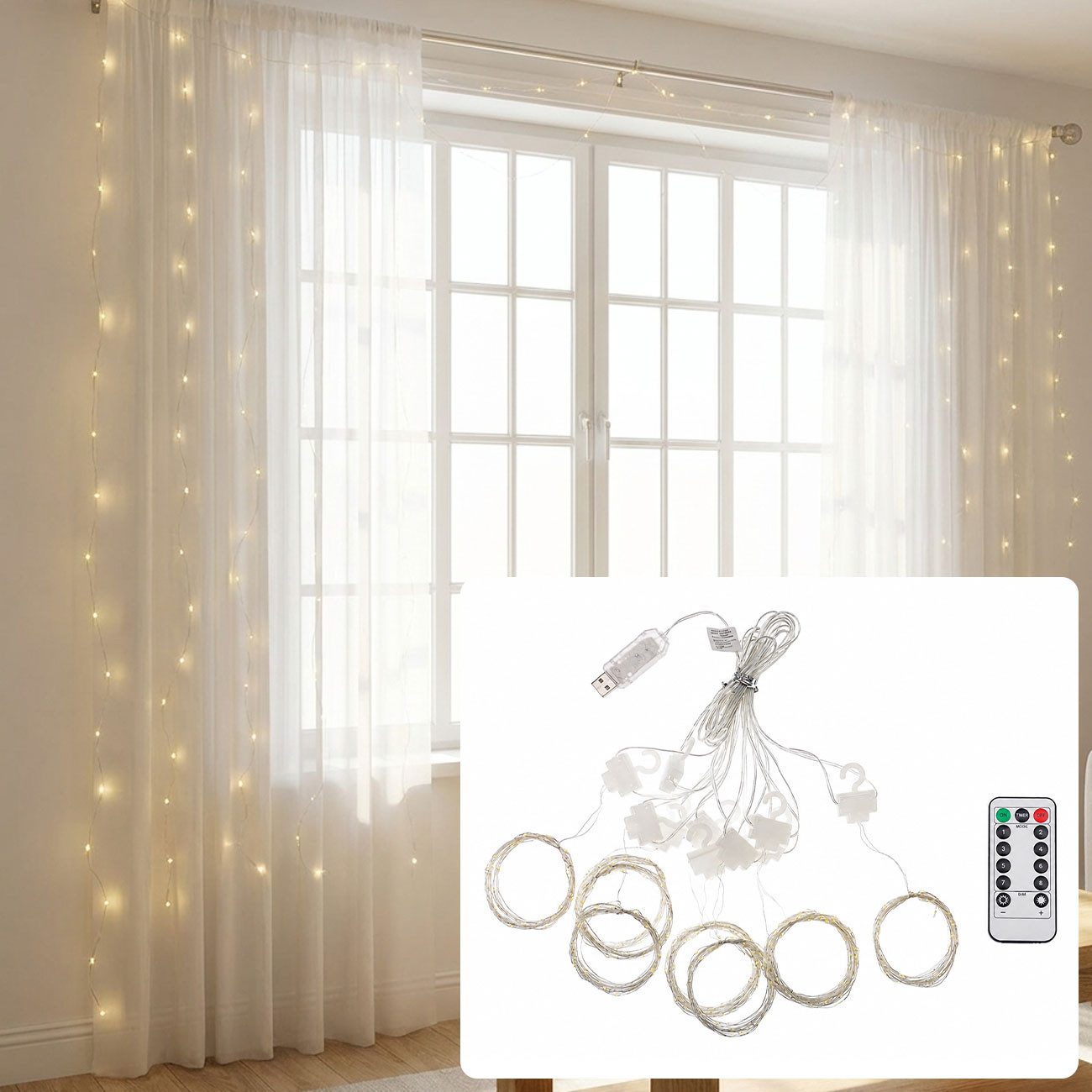 shop'n smile ideoon LED-Lichtervorhang LED Lichtervorhang 3x3m 300 LEDs Warmweiß 8 Modi Timer Dimmbar, Fernbedienung, USB-Anschluss, flexibel formbar, 1/2 St.