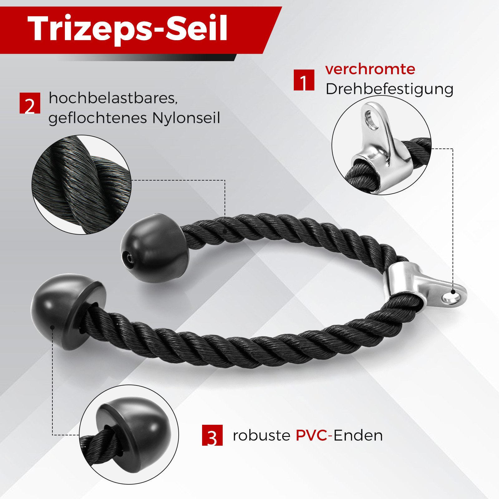 COSTWAY Trainingshilfe, 3-teilige Set mit Trizepsseil, V Griff, Doppel-D-Griff