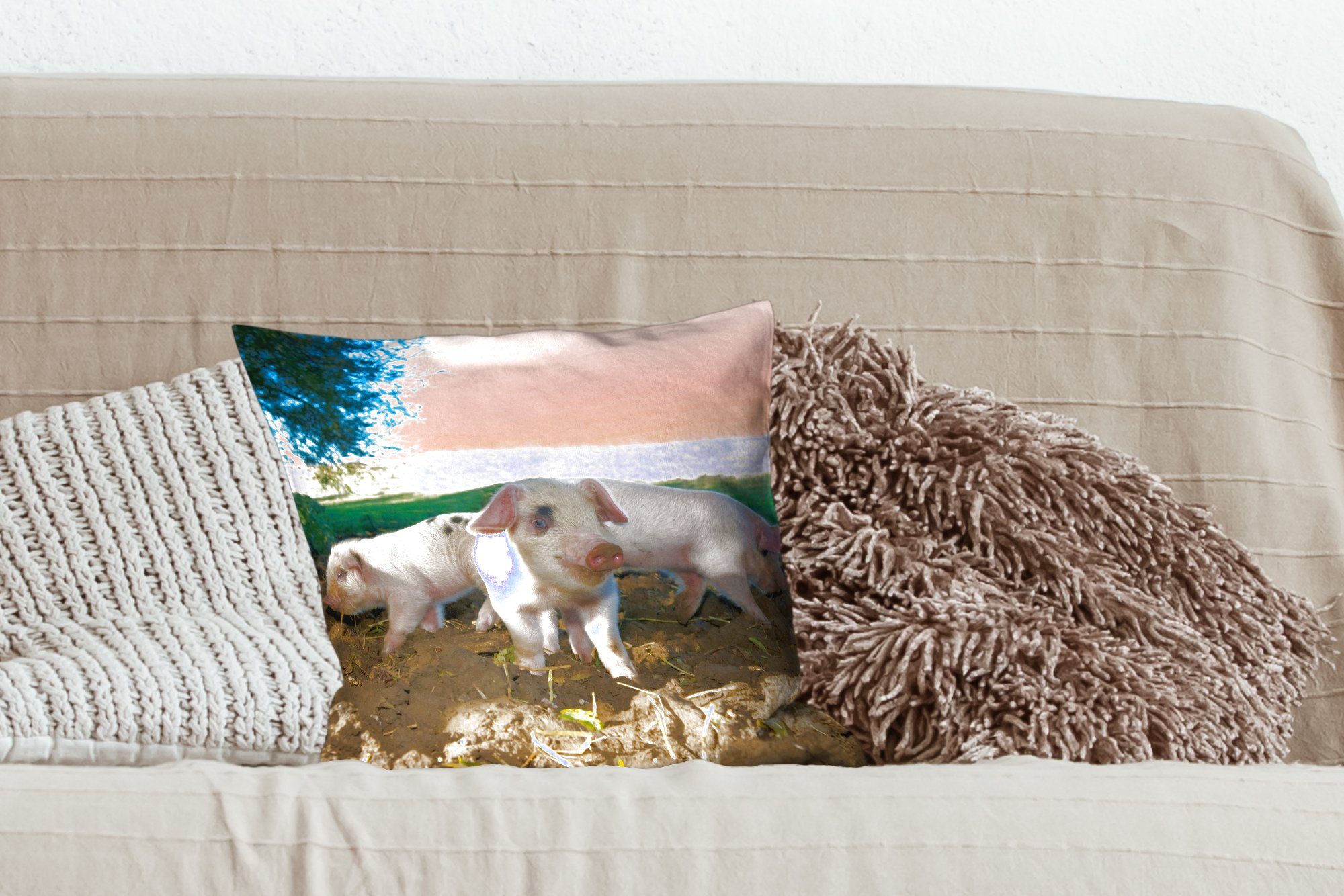 Deko, mit Dekokissen Schlafzimmer, - Schweine Füllung Zierkissen - Landschaft, für Tiere Sofakissen MuchoWow Wohzimmer,