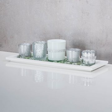 Levandeo® Teelichthalter mit Tablett, Tablett Teelichthalter Silber Weiß Holz Glas Weihnachtsdeko