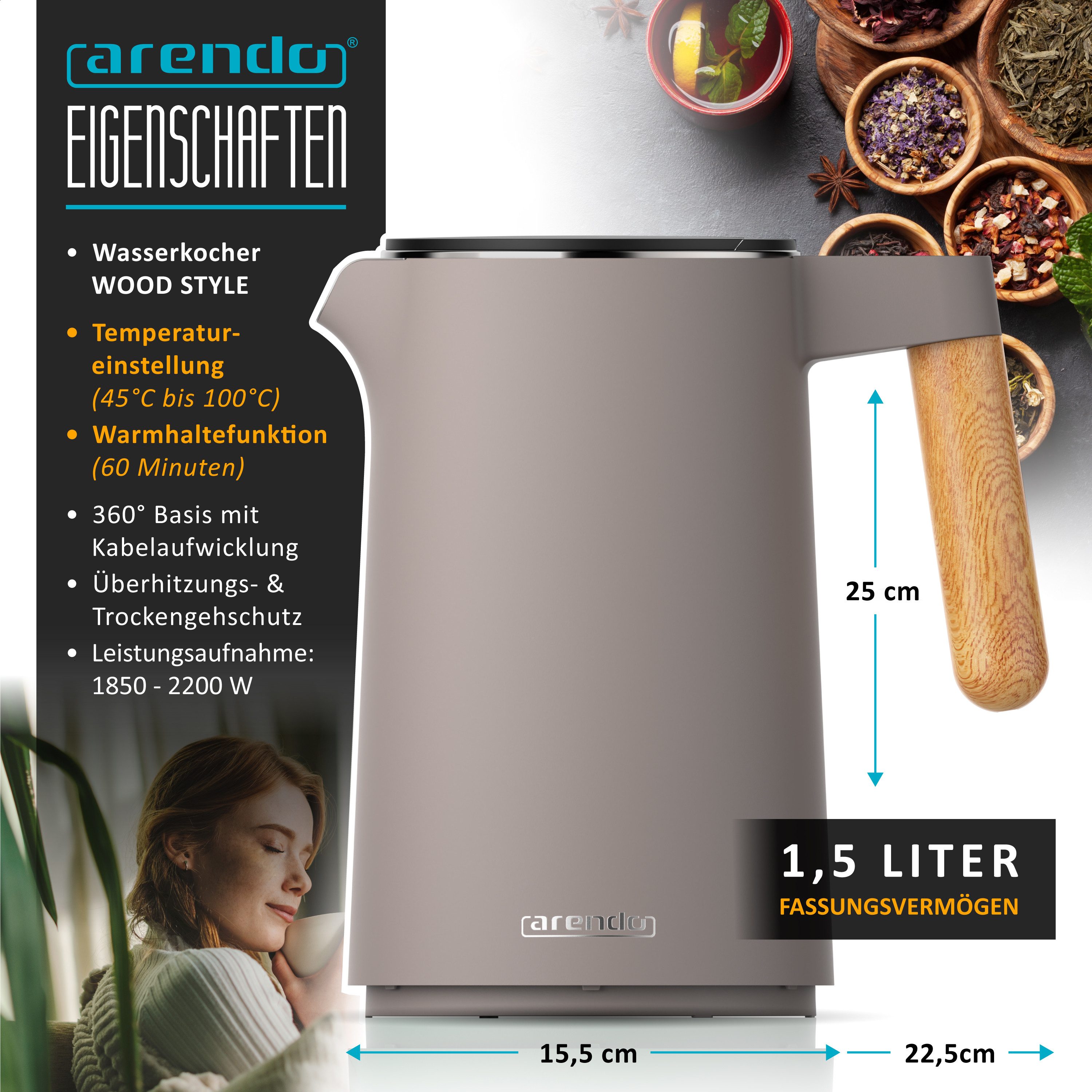 Arendo Wasserkocher Edelstahl, Temperatureinstellung 40° - 100 °C mit Anzeige, Doppelwand, 1,5 l, 2200 W, Warmhaltefunktion, 360° Basis, mit Griff in Holzoptik, BPA-frei
