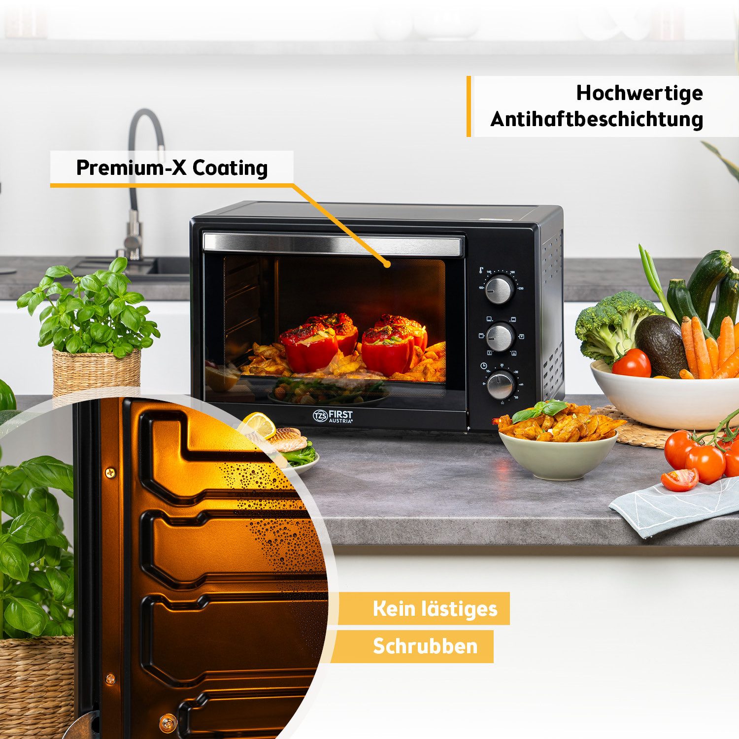 TZS FIRST AUSTRIA Minibackofen 35L 1600W, Premium-X Coating, stufenlose Temperaturregelung bis 230°C, 60 Min Timer, 3 Einschubhöhen, Doppelglastür, Umluftfunkti – Bild 4 von 5