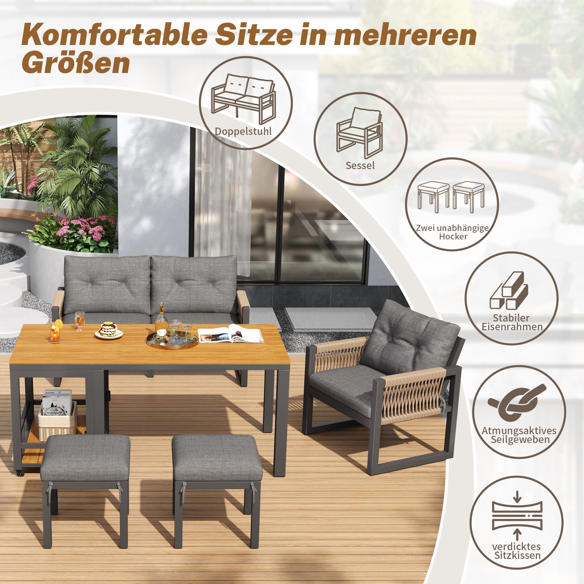 Odikalo Gartenlounge-Set Gartenmöbel Gartensitzgruppe mit Geflochtene Armlehnen,gartenmöbel set, (Freizeit- und Besprechungsset für mehrere Personen, Eisengestell, Inklusive Sitzkissen, Multifunktionaler Tisch)