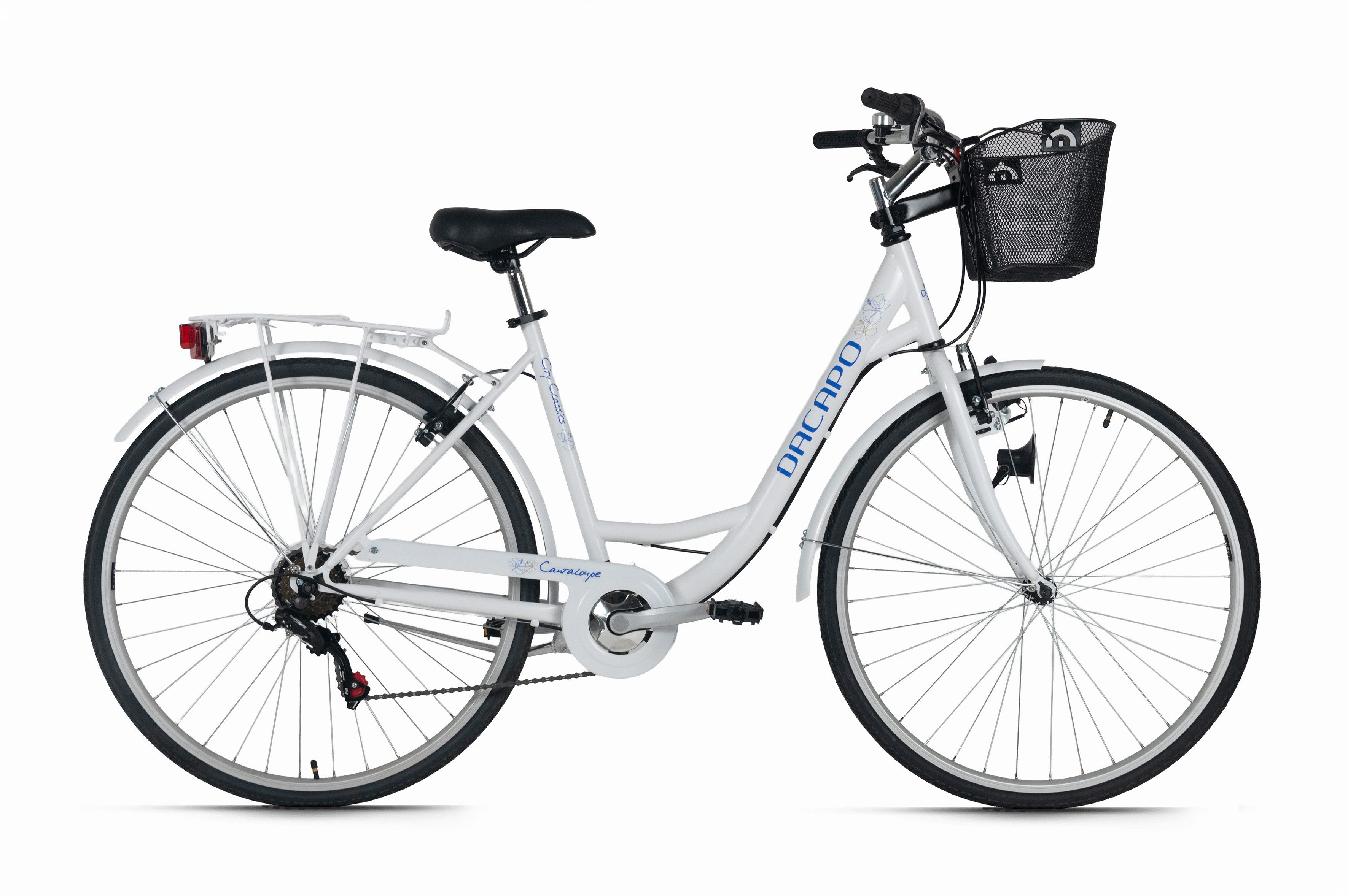 Dacapo Cityrad DaCapo Citybike 28'' Cantaloupe weiß-blau mit Korb RH 48 cm, 6 Gang Shimano Tourney Schaltwerk, Kettenschaltung