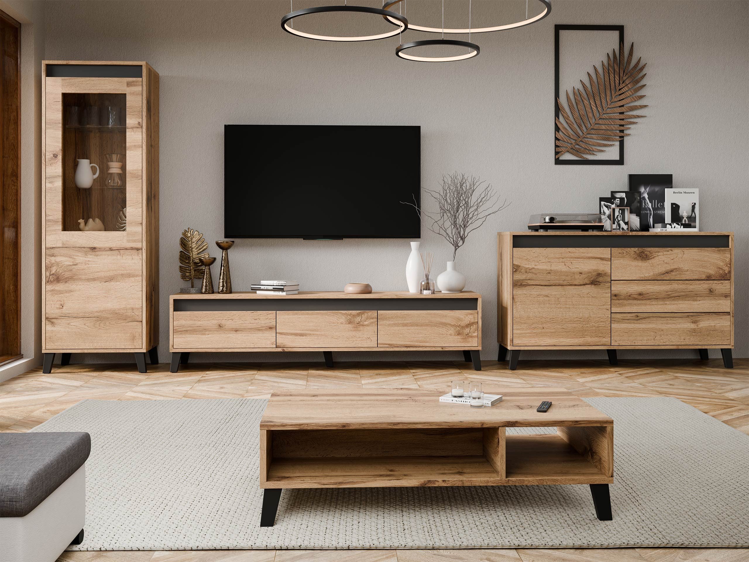 MIRJAN24 Wohnzimmer-Set Nord I, (4er-Set, Kommode, TV-Lowboard, Vitrine, Couchtisch), grifflosem Öffnungssystem "push to open"