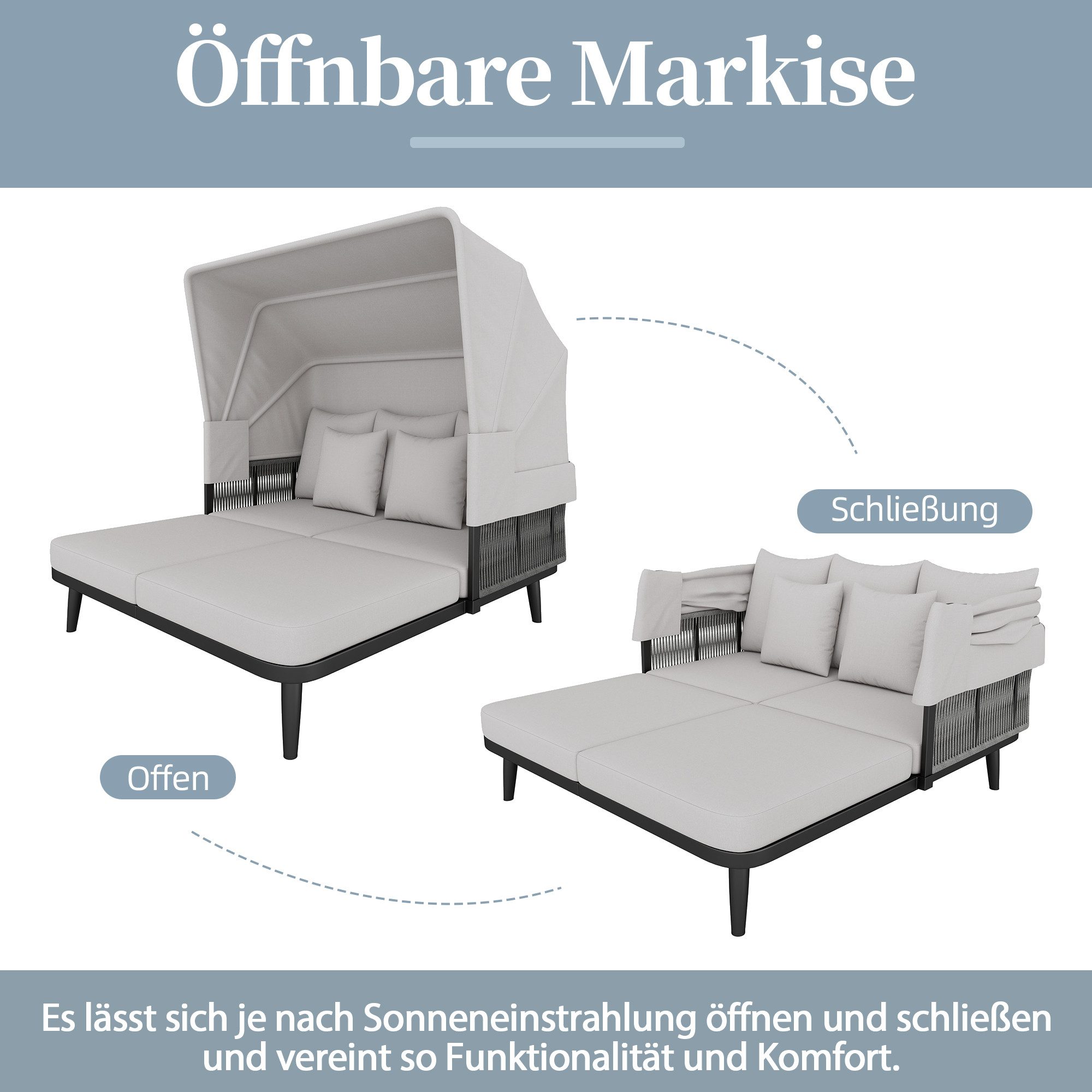 Merax Gartenliege aus verzinktem Stahl und handgeflochtenem Seil, Sonneninsel Sitzgruppe Gartenmöbel Gartenlounge-Set für 2-4 Personen, Doppelliege Schlafsofa Sonnenliege Set mit faltbarem Sonnenschutzdach