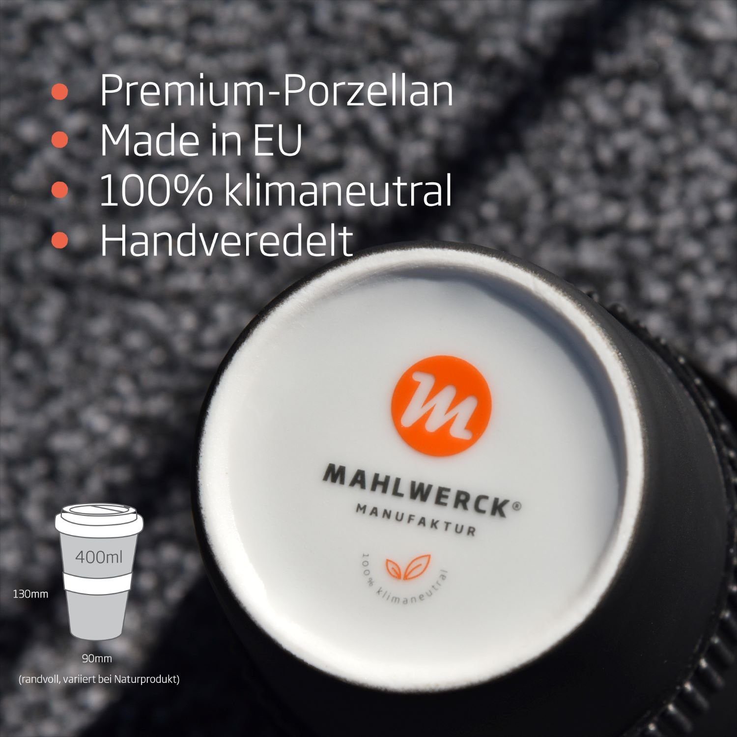 Mahlwerck Manufaktur Coffee-to-go-Becher Kaffeebecher + Green Deckel, klimaneutral Porzellan, Amazonas spülmaschinengeeignet, 400 ml, auslaufsicher, 100