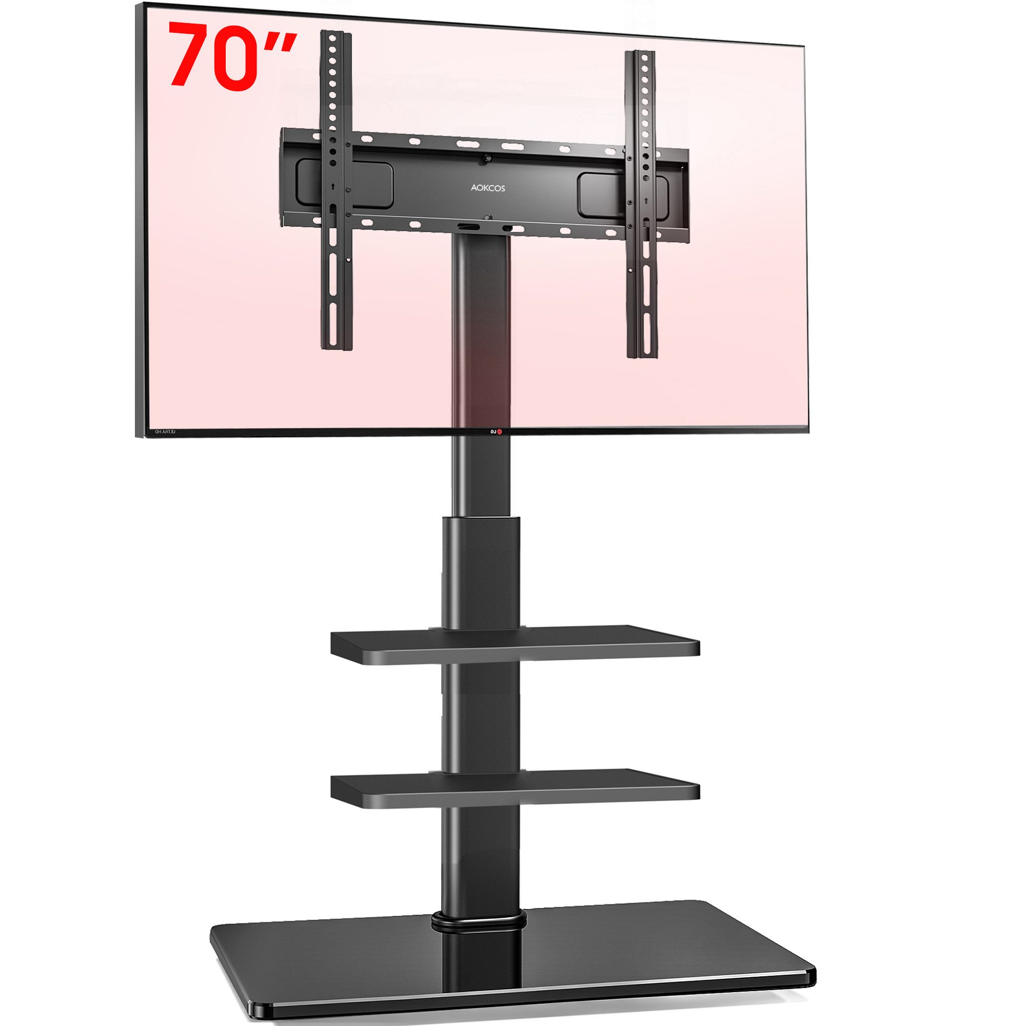 AOKCOS TV-Ständer mit 2 Ablagen, ±30° schwenkbar, höhenverstellbar, 32-70 Zoll, (bis 70 Zoll, -2° - 10° neigbar)
