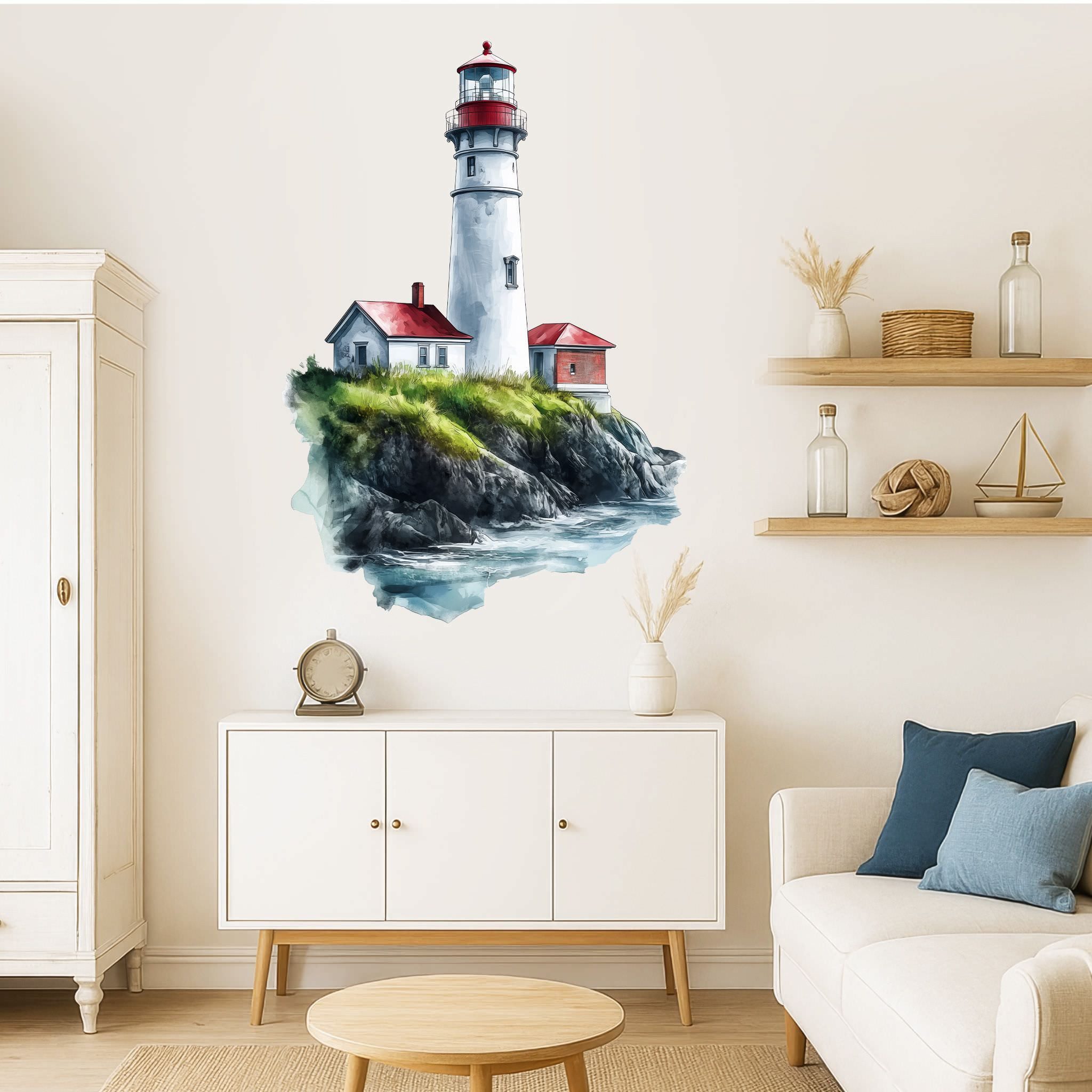 Sunnywall Wandtattoo Aufkleber Maritim Leuchtturm auf Klippe – Aquarellstil, selbstklebend, konturgeschnitten, rückstandslos entfernbar – Bild 2 von 5