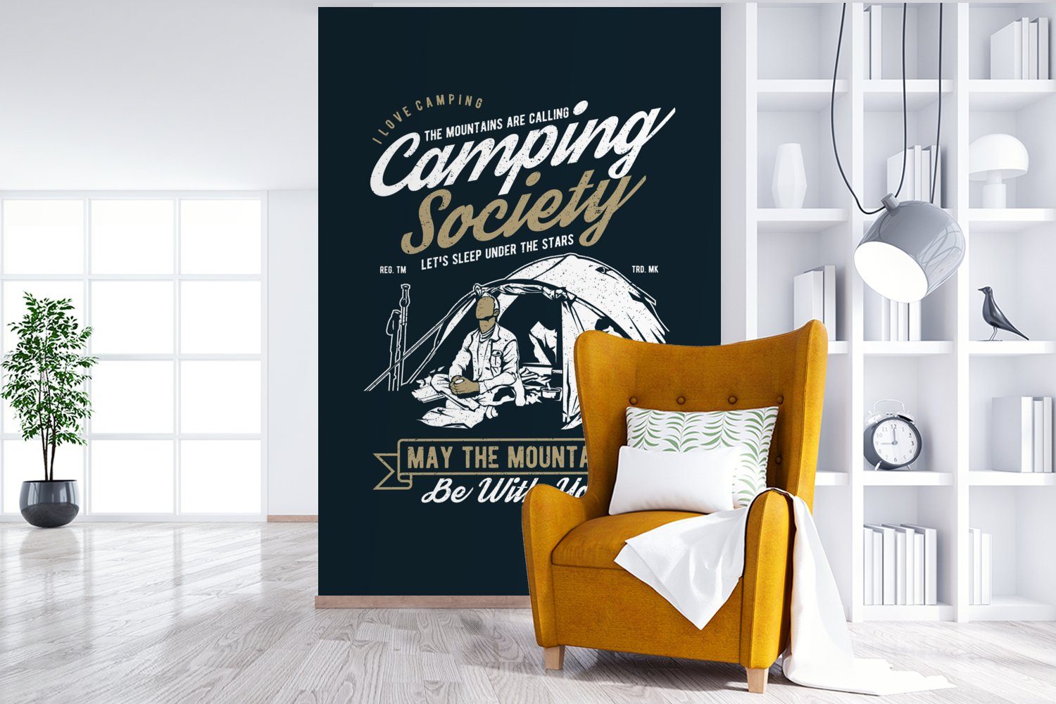 bedruckt, Wandtapete Fototapete Montagefertig - Camping Zelt Vinyl Vintage, für Matt, (3 Sprichwörter - - Tapete St), Wohnzimmer, MuchoWow