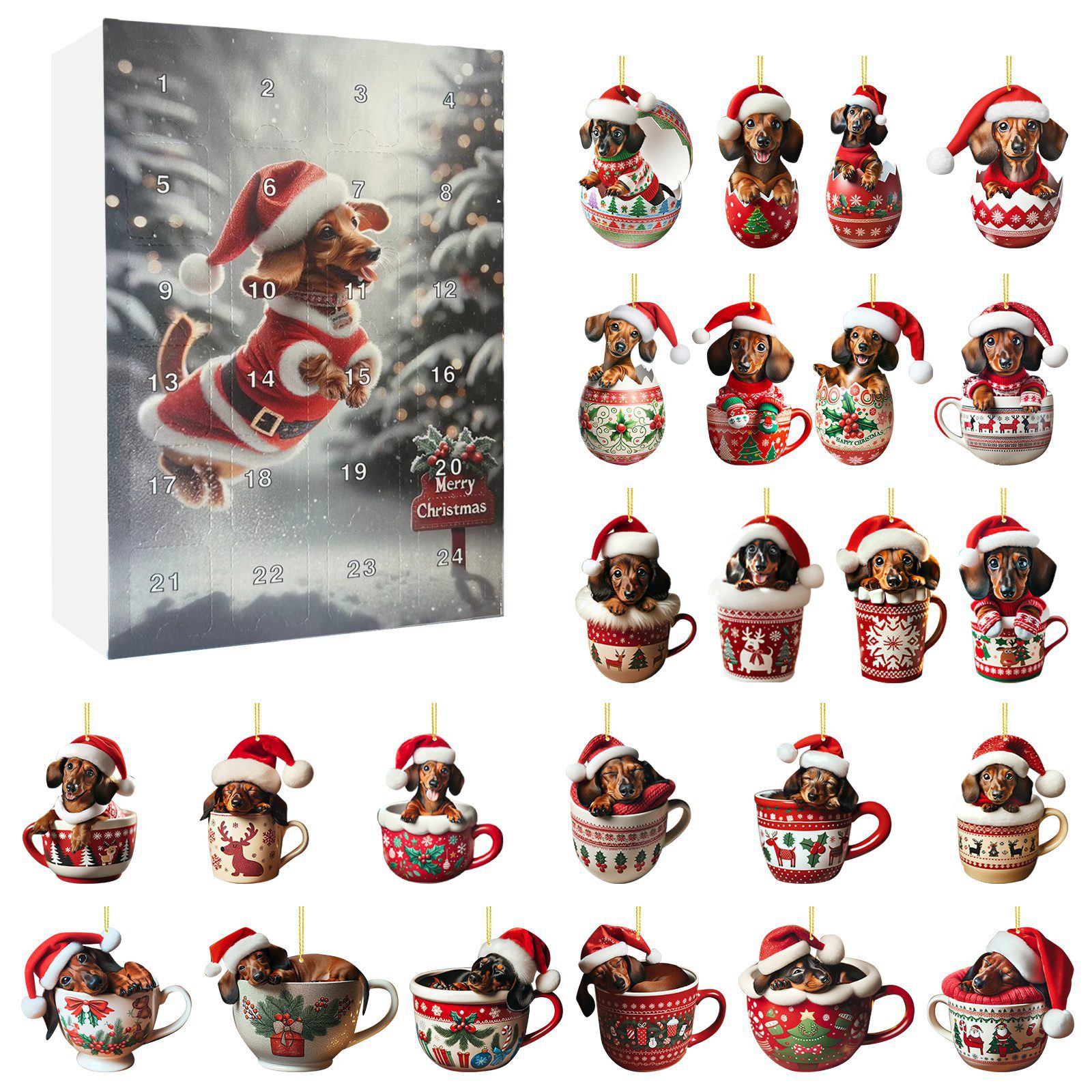 CLTYQ Weihnachtsbaumkugel Weihnachtsbaumschmuck Set mit Dackel-Motiv, Weihnachtsdeko Anhänger (24 St), Weihnachts-Überraschungsbox, Deko, für Auto, Zuhause, Urlaub, Party