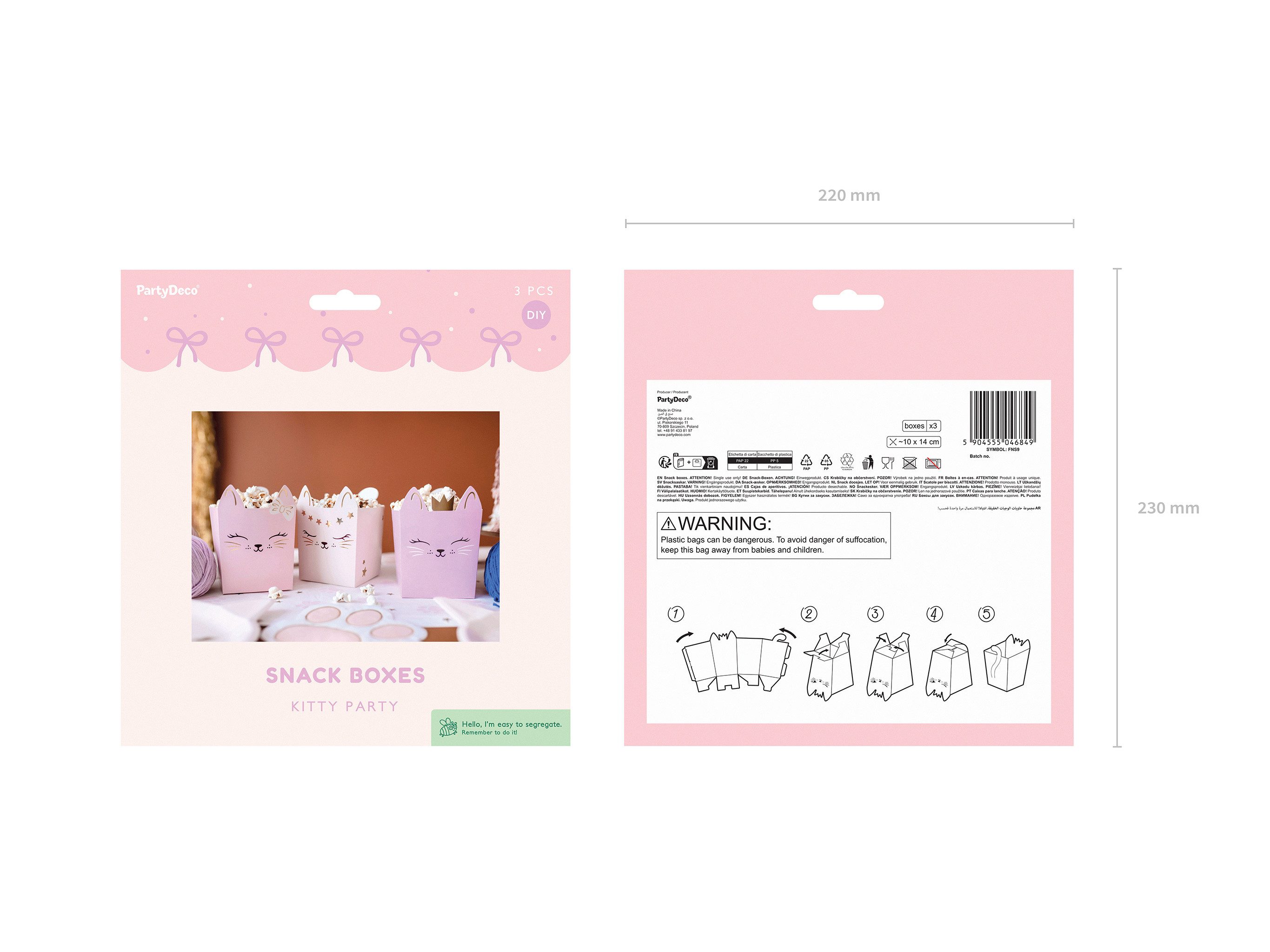 partydeco Einweggeschirr-Set, Papier, Snackbox Kinder 14x10cm Katzen Motiv 3er Set Hellrosa / Rosa