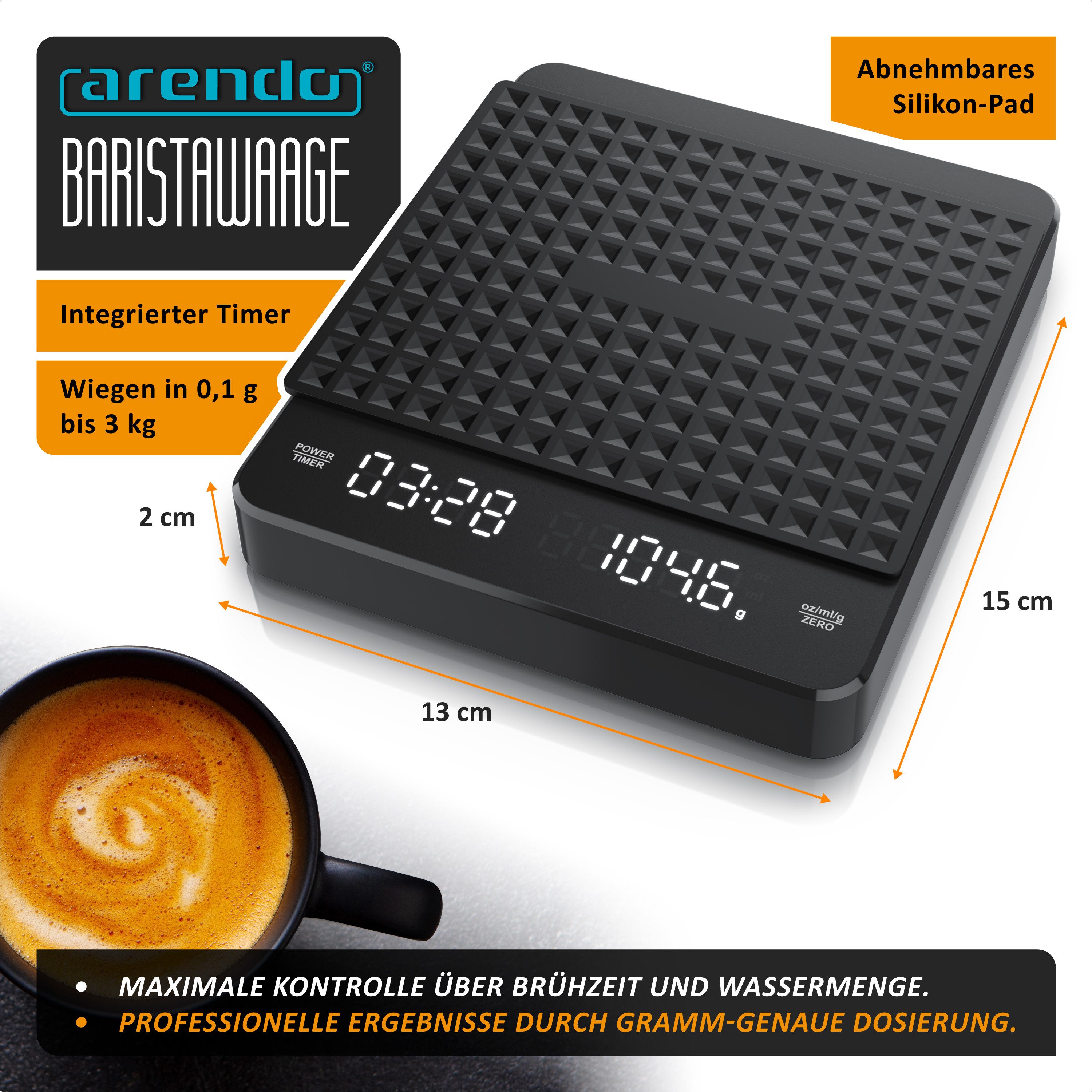 Arendo Küchenwaage digitale Kaffewaage, Baristawaage, Feinwaage 0,1 g Auflösung, 3kg max., (1-tlg), für Kaffee Espresso Shot Tee Gewürze Backzutaten, Tara, g/ml/oz/lb/fl