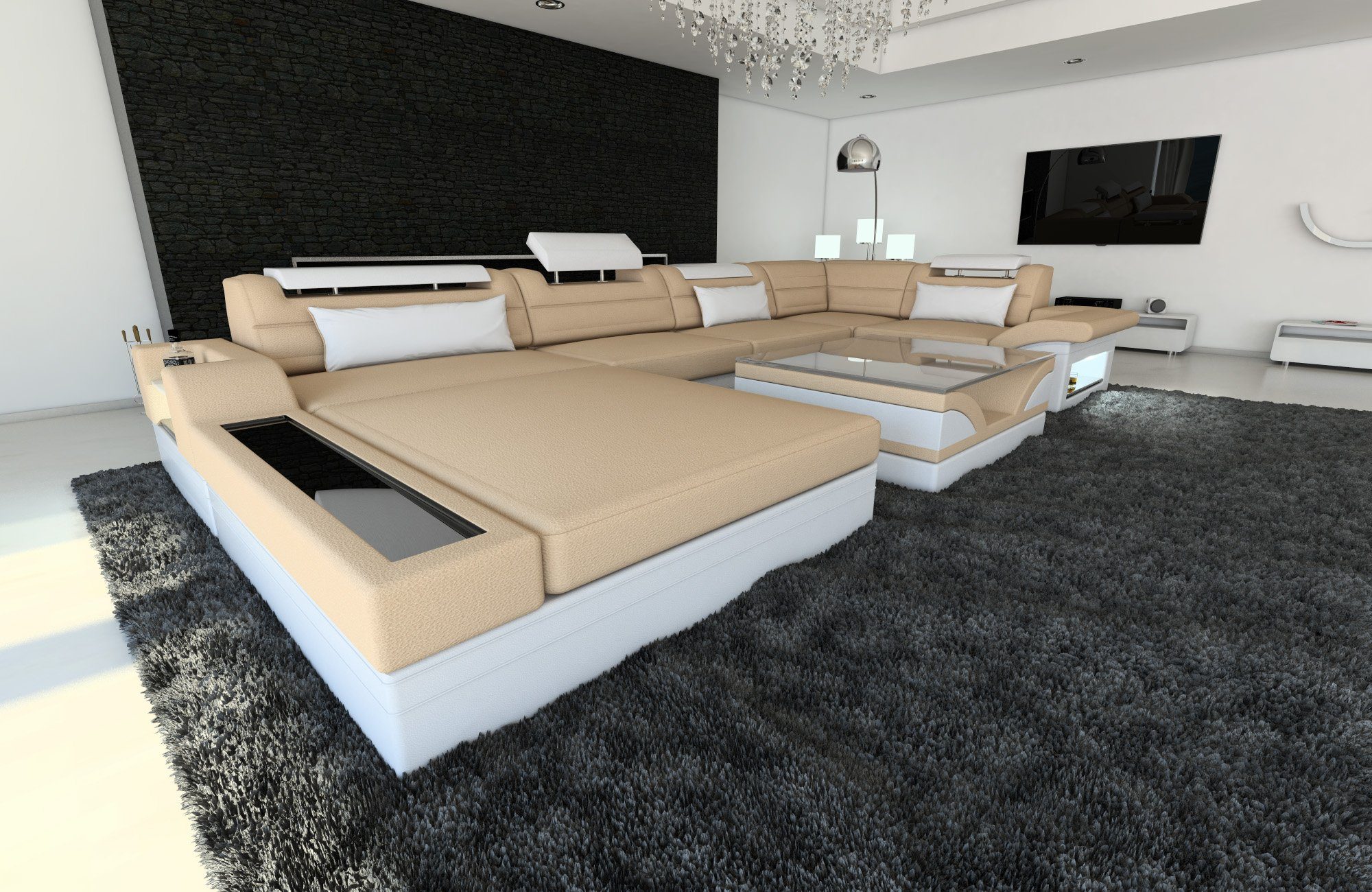 Sofa Dreams Couch mit Beige-Weiss Bettfunktion mit Stoff LED, Stoffsofa, Mezzo als Schlafsofa, Sofa Designersofa wahlweise Wohnlandschaft C81 Form U