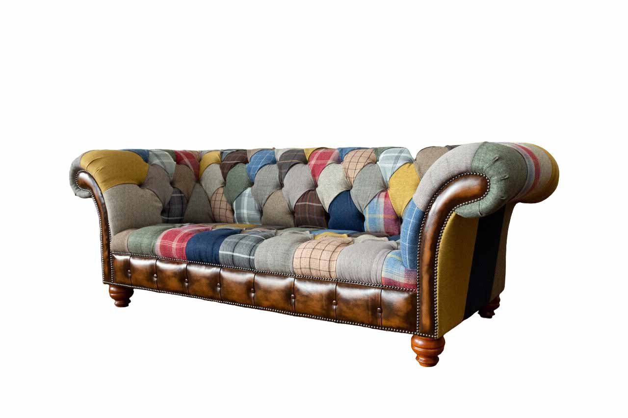 3-SITZER-SOFA WOLLE Chesterfield-Sofa MEHRFARBIGER UND HANDGEFERTIGTES LEDER JVmoebel AUS