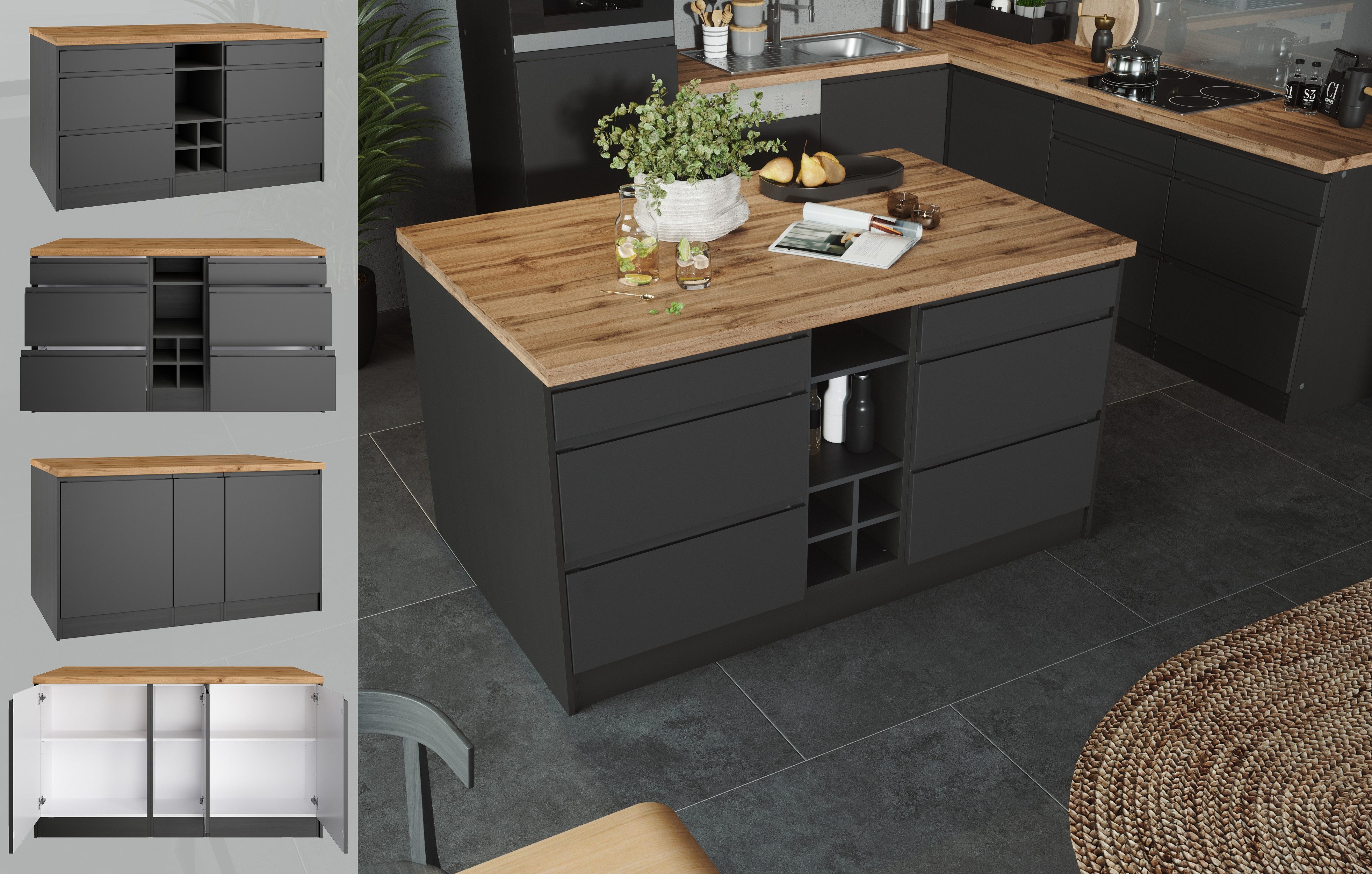 KOCHSTATION Kücheninsel KS-Bruneck, Breite 153 cm, MDF-Fronten, Arbeitsplat günstig online kaufen