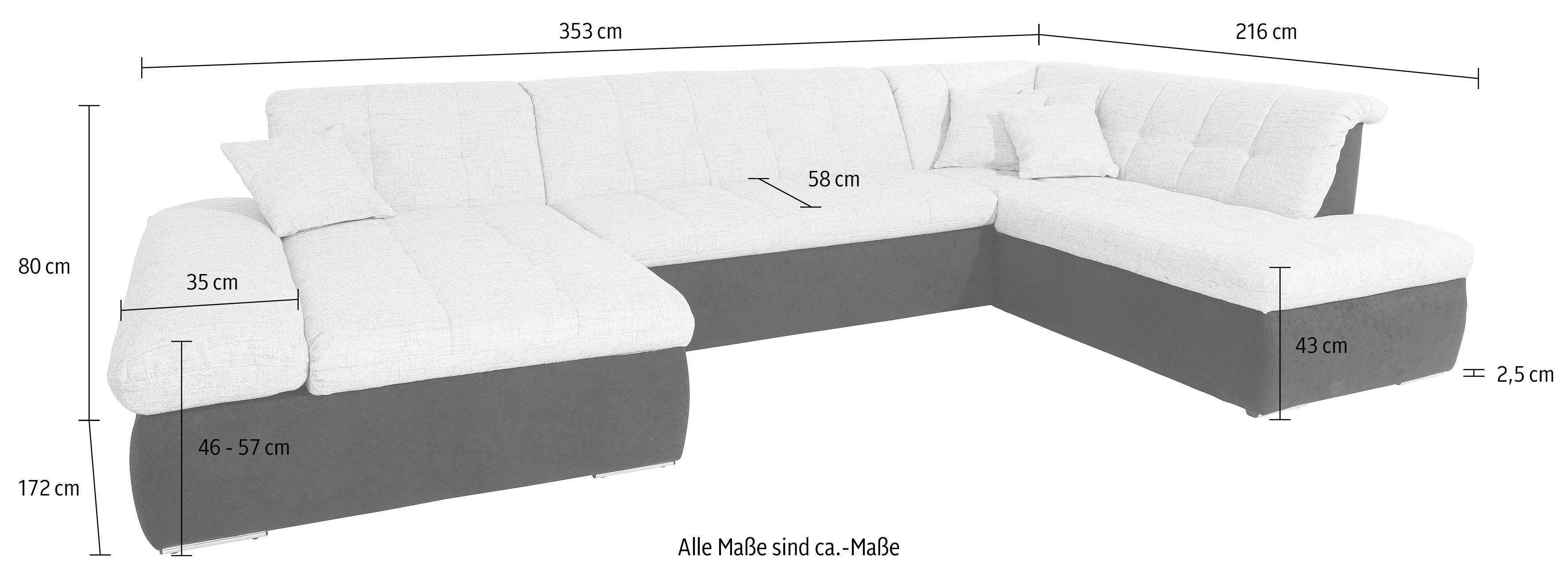 DOMO collection Wohnlandschaft PB MORIC wahlweise mit Bettfunktion und Armteilverstellung U-Form, XXL-Format B/T/H: 353/216/80 cm, feine Steppung, incl. Zierkis – Bild 5 von 5