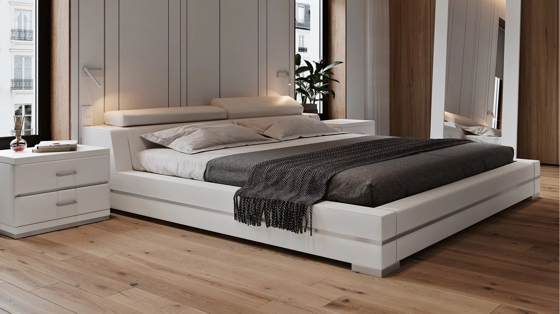 JVmoebel Polsterbett Luxuriöses Lederbett im Hotel-Design mit praktischem Stauraum, Made in Europa