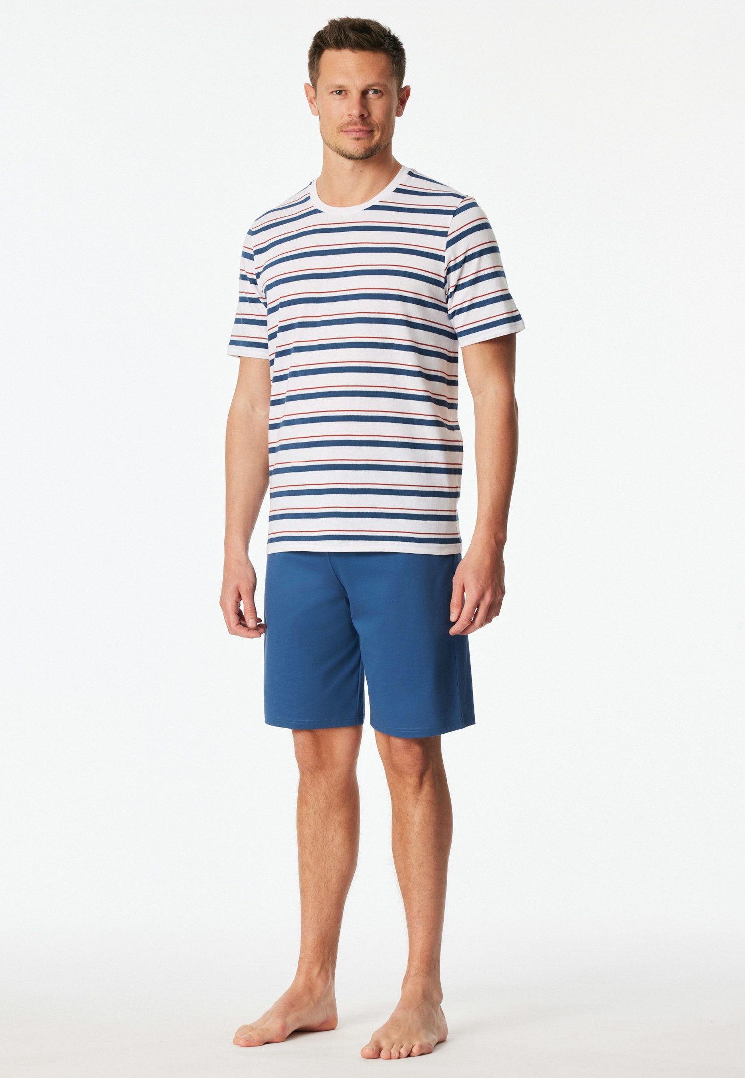 Schiesser Shorty Casual Nightwear (2 tlg) mit gestreiftem Oberteil, Rundhalsausschnitt und kurzen Ärmeln