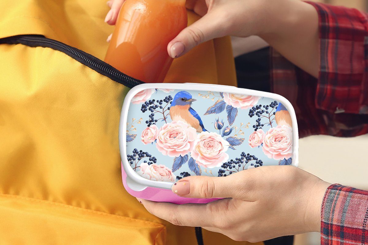 Erwachsene, rosa Lunchbox Vogel - Brotbox Kunststoff, Rose Snackbox, Muster (2-tlg), - für Blau, Kunststoff - Brotdose Mädchen, MuchoWow Kinder,