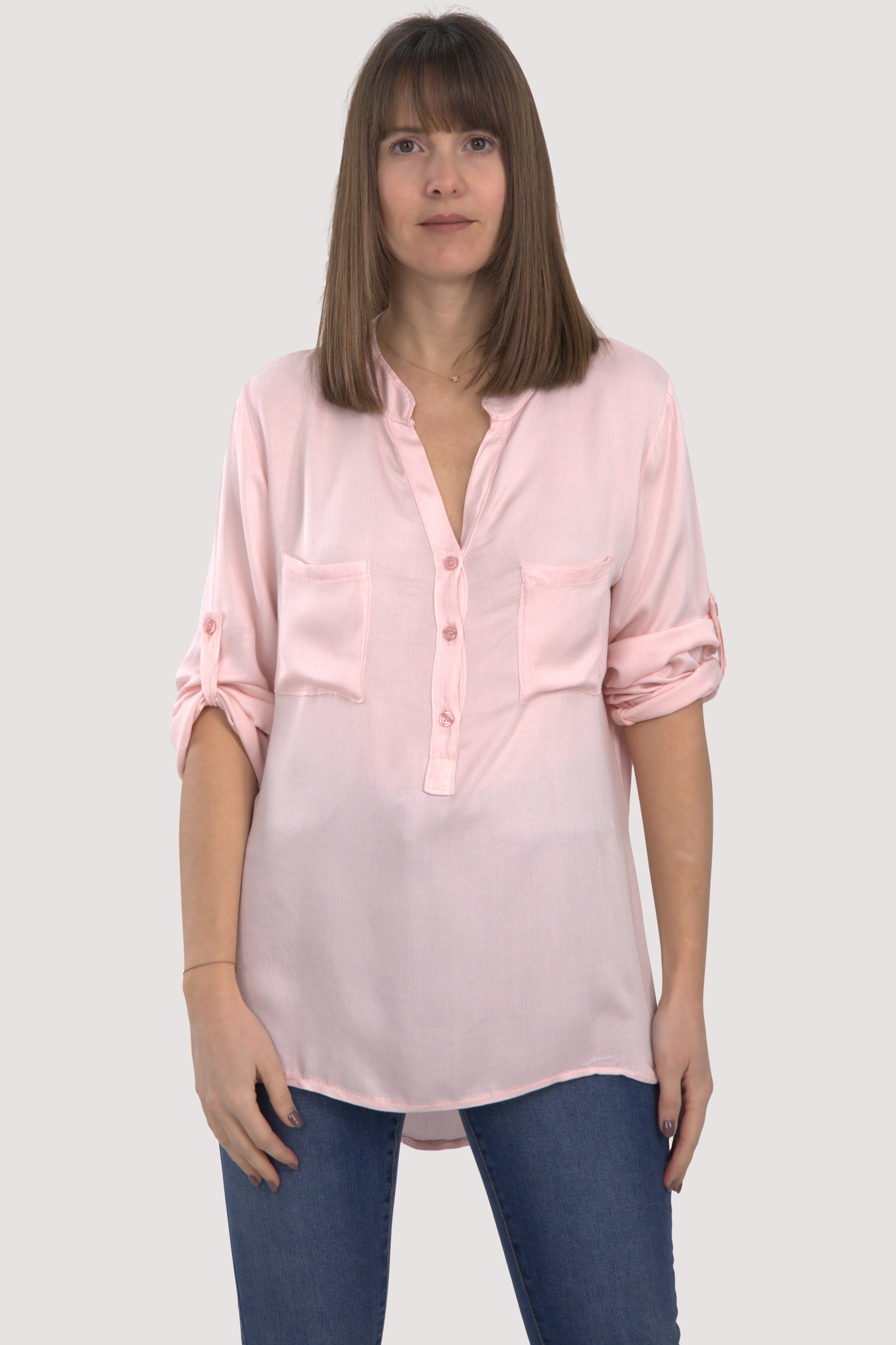 malito more than fashion Schlupfbluse 9015 Bluse mit krempelbaren 3/4 Ärmeln Einheitsgröße rosa