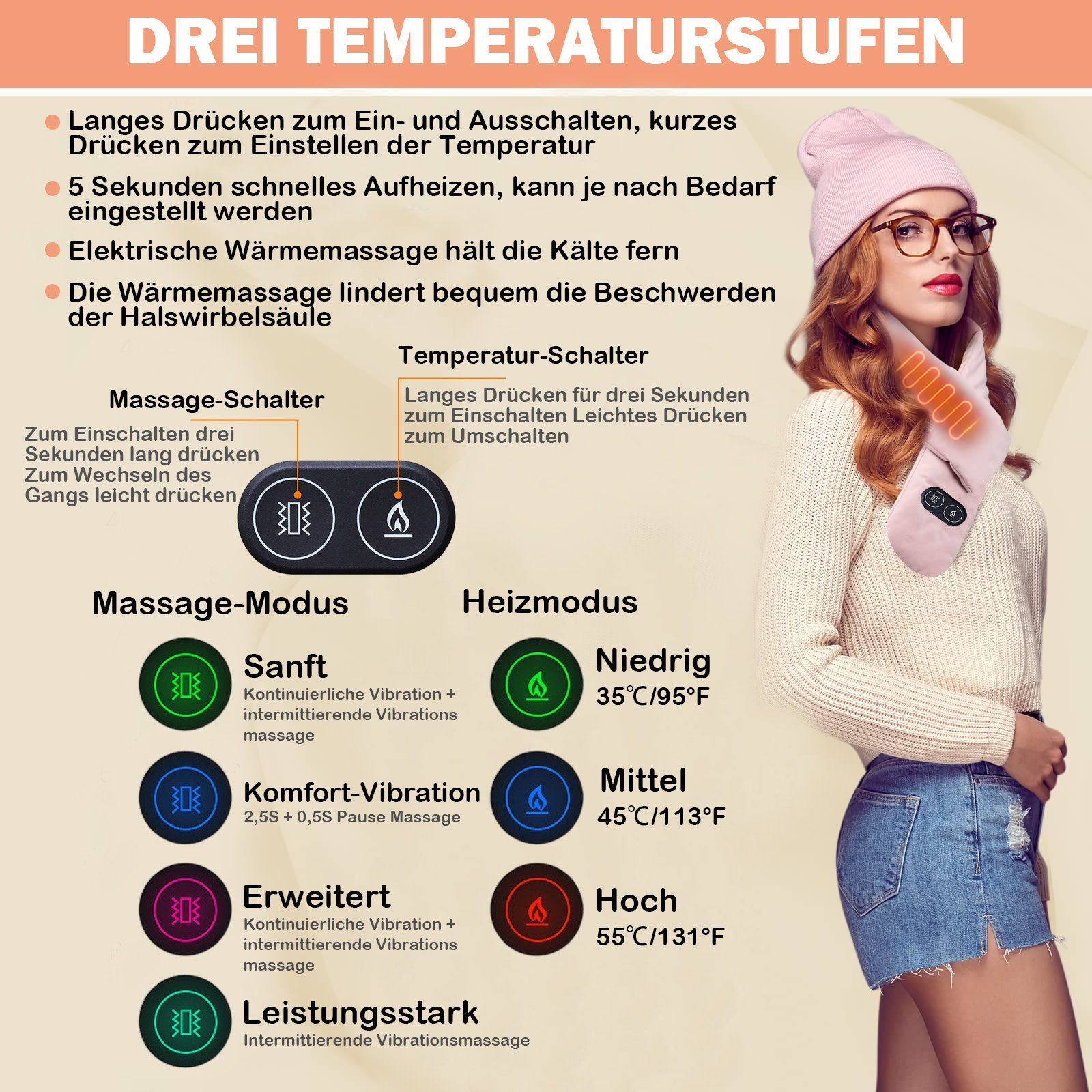 Rosnek Halstuch Beheizt, 3 Temperatur, USB, für Winter Weihnachtsgeschenke, (1-St), 4 Massagelenkung