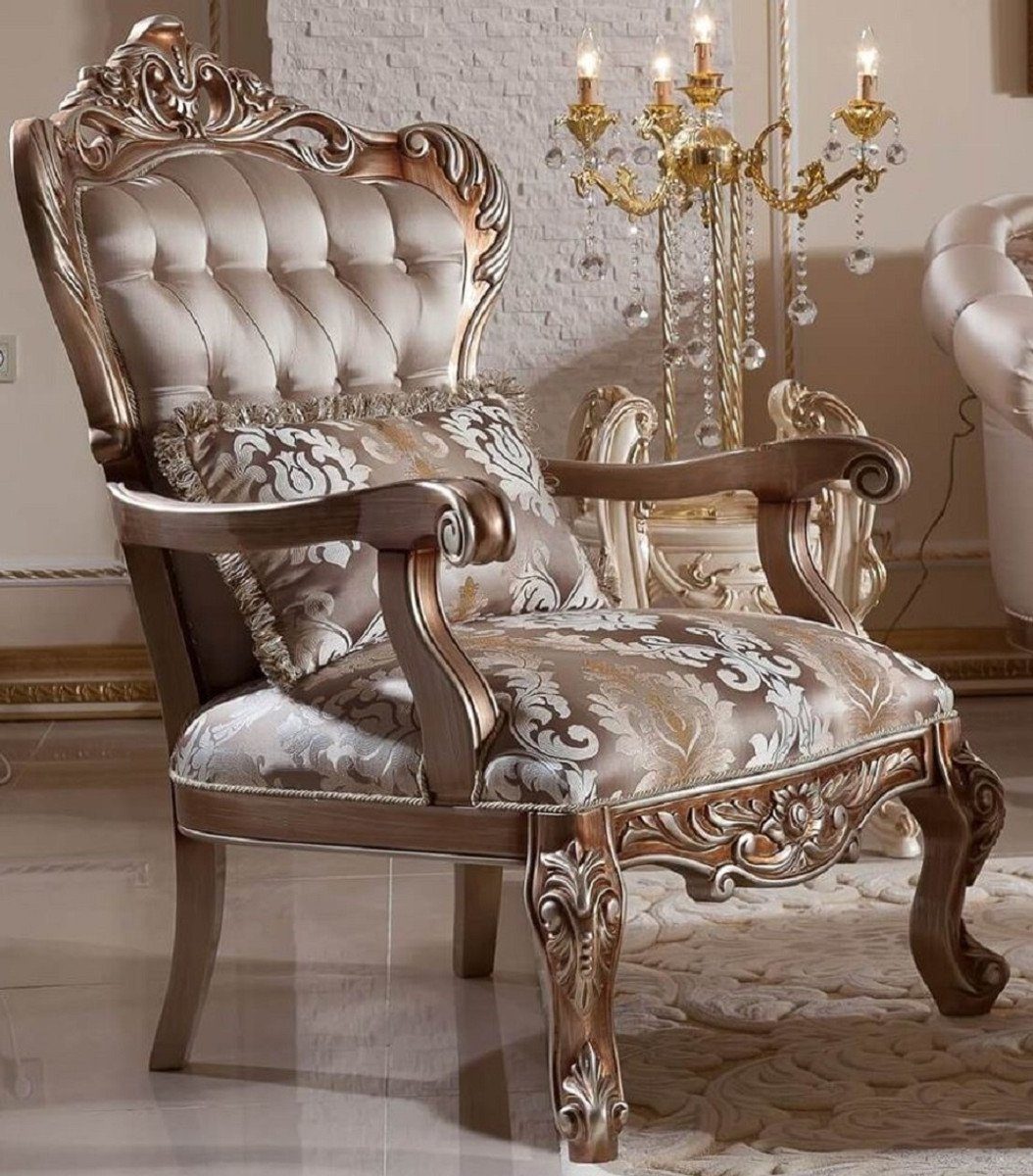 Casa Padrino Sessel Luxus Barock Möbel Edel Sessel Wohnzimmer & Muster - - Handgefertigter Kupfer Barockstil Wohnzimmer / Silber - Grau mit Barock elegantem Prunkvoll / Sessel