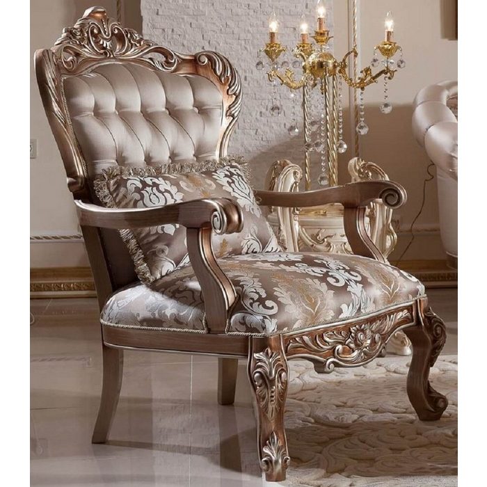 Casa Padrino Sessel Luxus Barock Sessel Grau / Kupfer / Silber - Handgefertigter Barockstil Wohnzimmer Sessel mit elegantem Muster - Barock Wohnzimmer Möbel - Edel & Prunkvoll