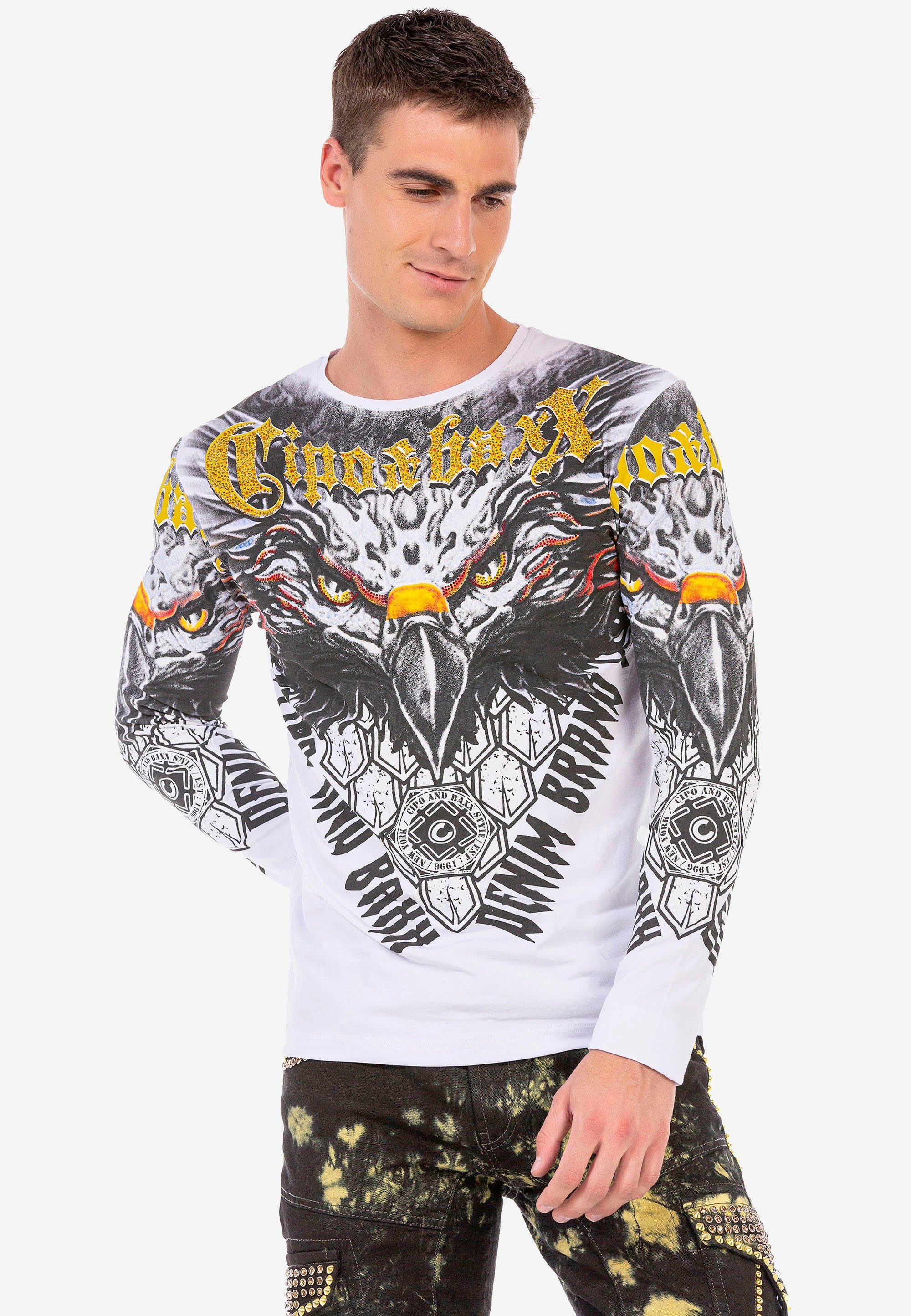 Cipo & Baxx Langarmshirt mit coolem Adler-Print weiß | Rundhalsshirts