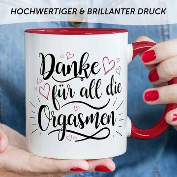 GRAVURZEILE Tasse mit Spruch - Danke für all die Orgasmen - Geschenk für Paare, Keramik, Farbe: Rot