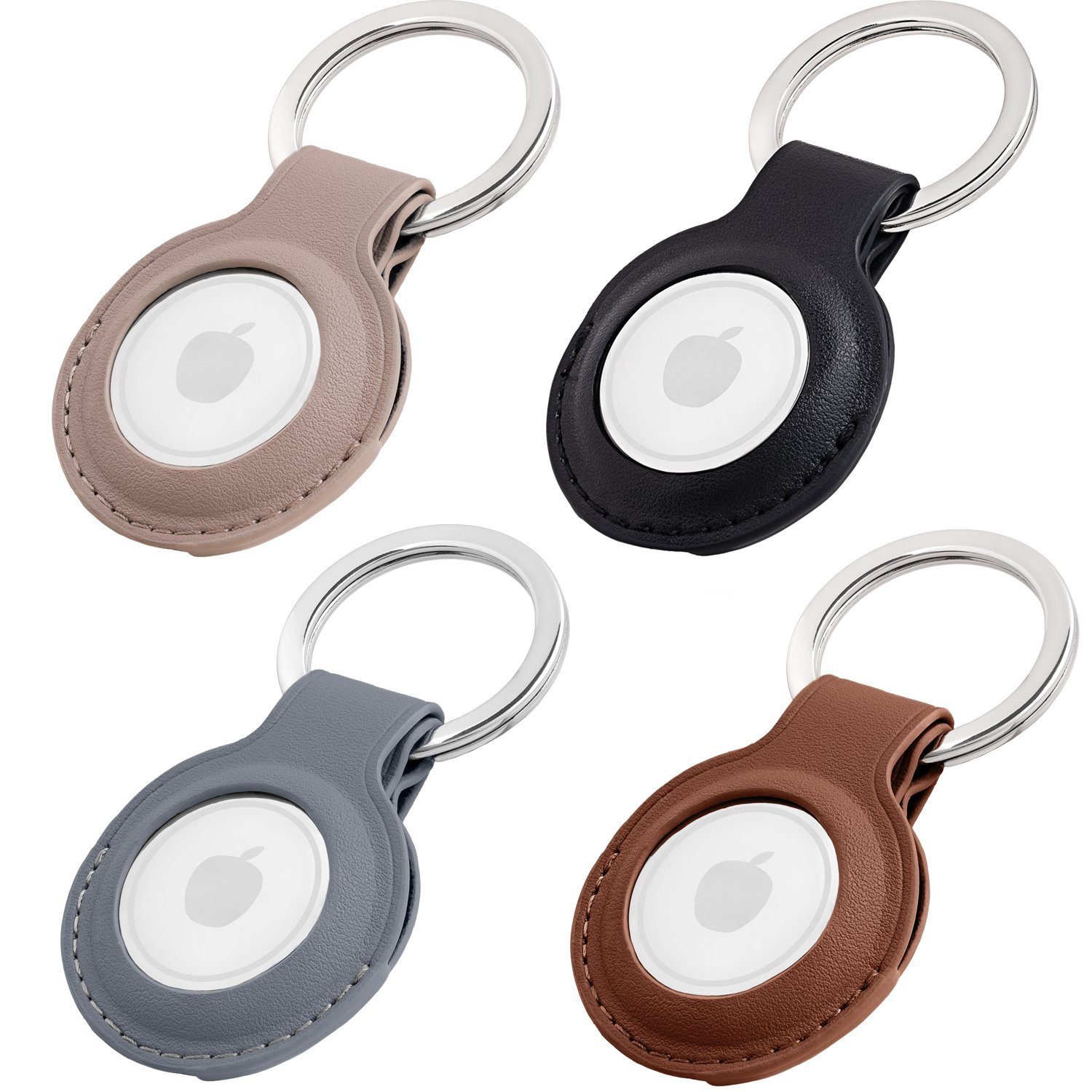MAGATI Schlüsselanhänger Hülle kompatibel mit Apple Airtag Anhänger (Set, 4-tlg., Premiumleder Anhänger mit Edelstahl Schlüsselring für Apple AirTag), Komplett schützendes Zubehör, Grau+Braun+Schwarz+Taupe