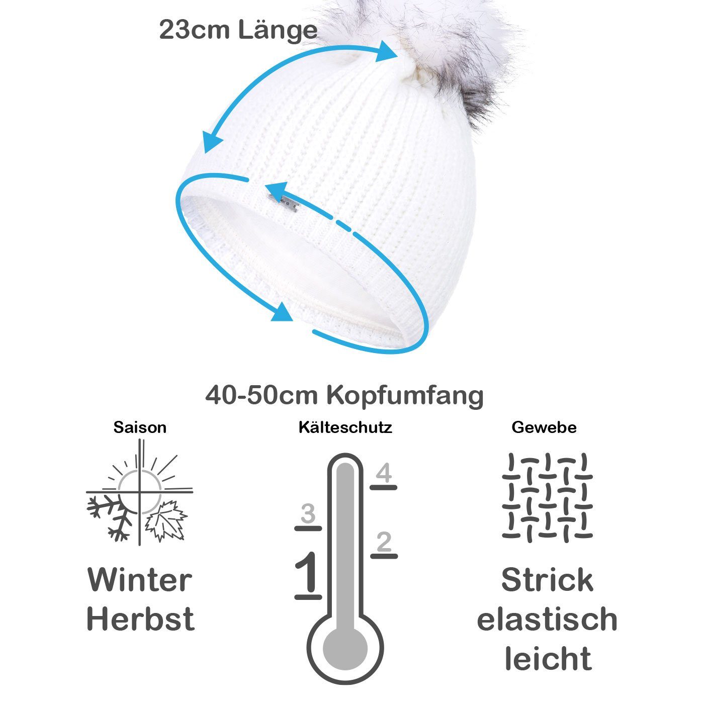 Faera Wintermütze Winter Beanie (1-St) gefüttert Bommelmütze weiß Damen Strickmütze Glitzer