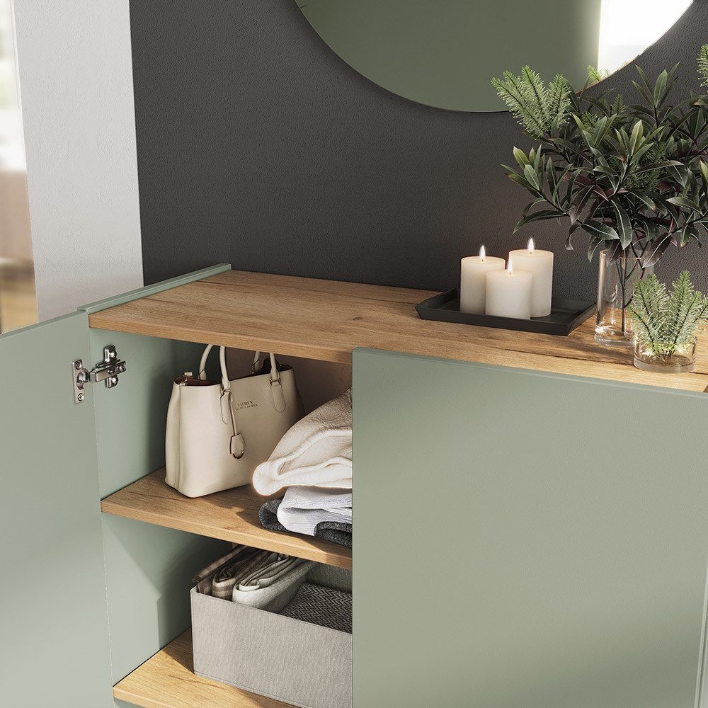 Lomadox Garderoben-Set ABURI-01, (Spar-Set, 3-St., Schuhschrank Spiegel Paneel), in grün mit Eiche, griffloses Design, modern, schmaler Flur