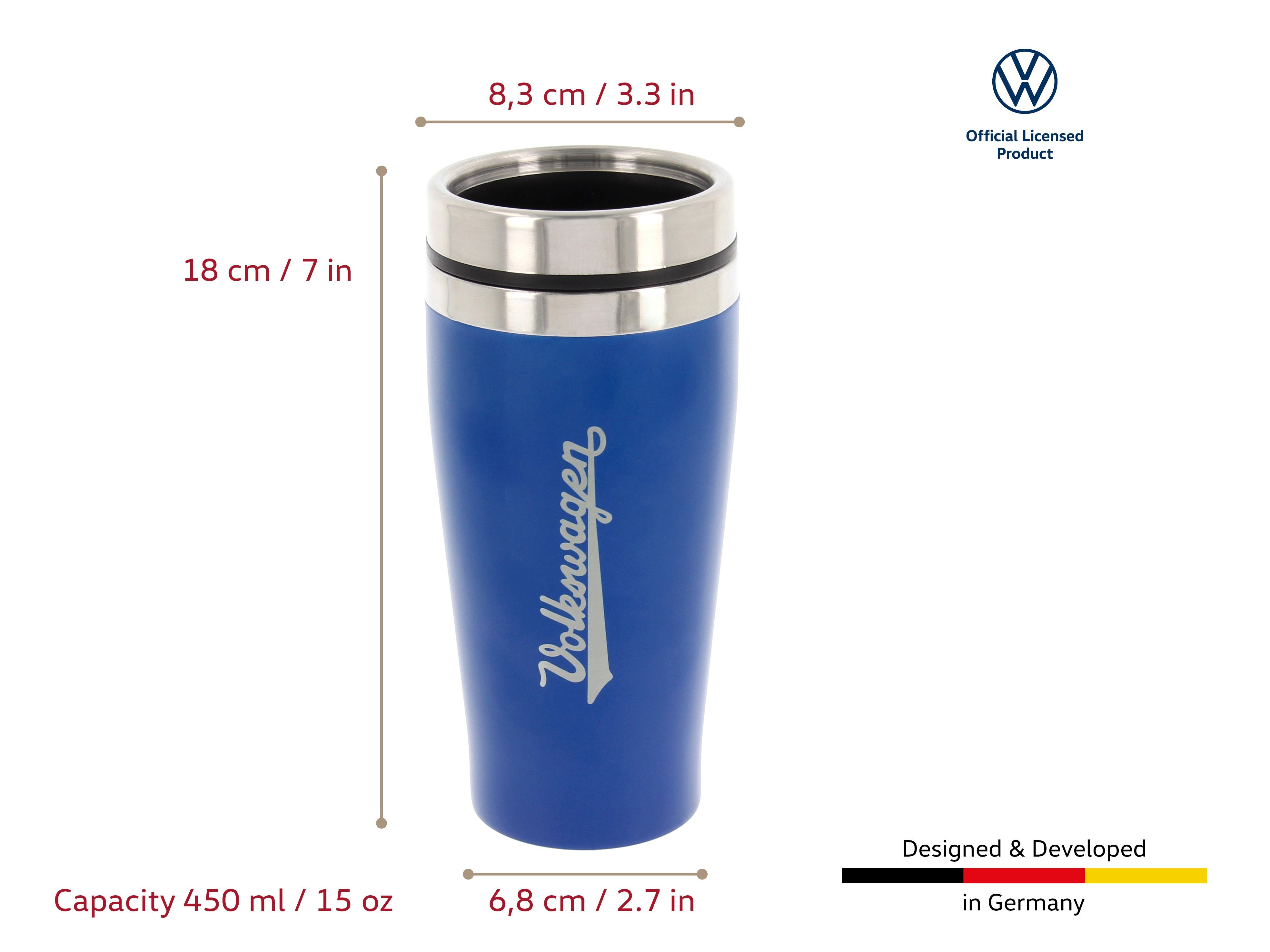 VW Collection by BRISA Coffee-to-go-Becher Volkswagen Isolierter-Edelstahl Thermobecher, Edelstahl, Stilvoller blauer Travel Mug mit VW Logo, 450ml – Bild 2 von 5