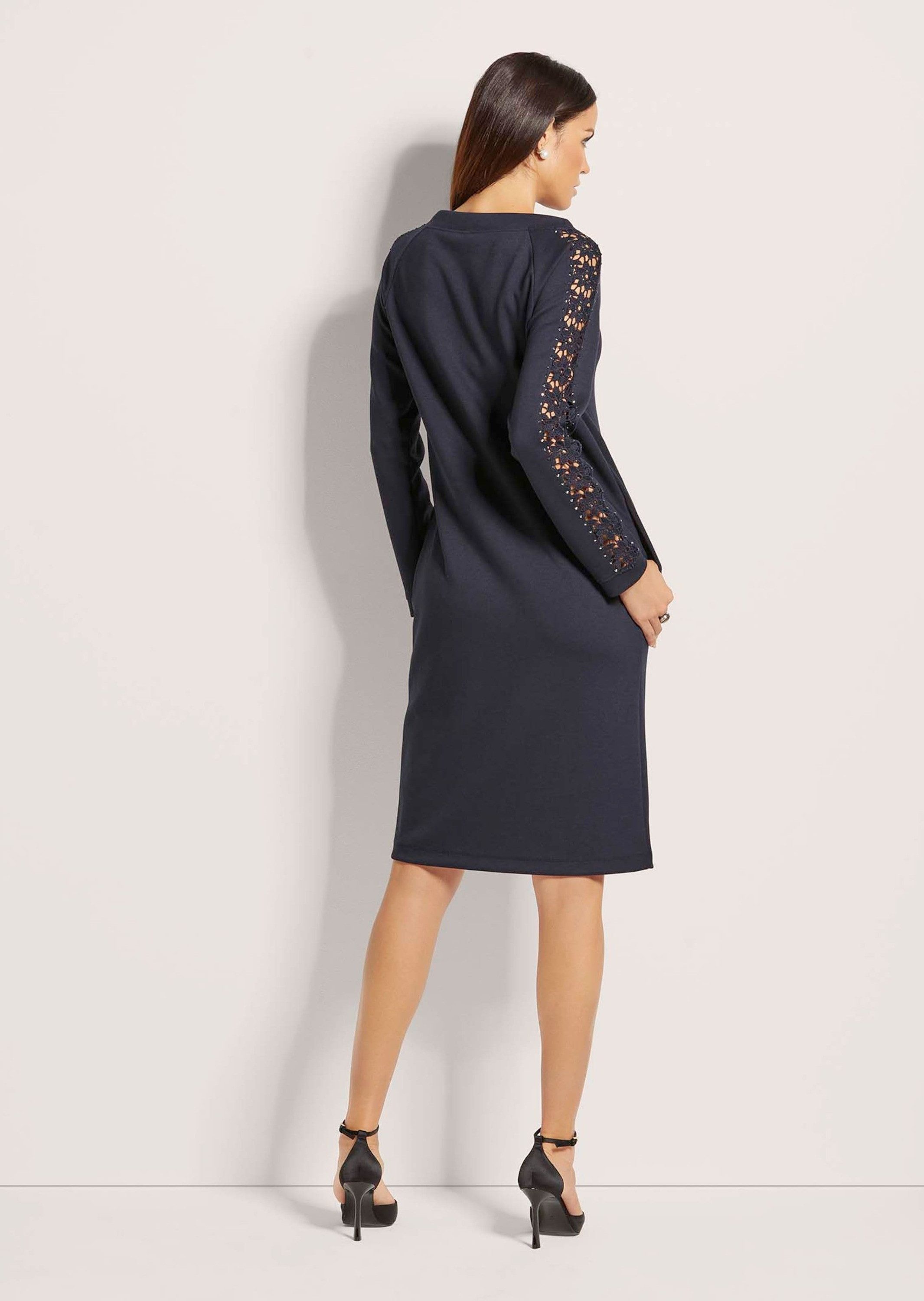 MADELEINE Midikleid Stretch-Kleid mit Spitze und Strass Jersey-Kleid mit Rundhalsausschnitt, Taschen
