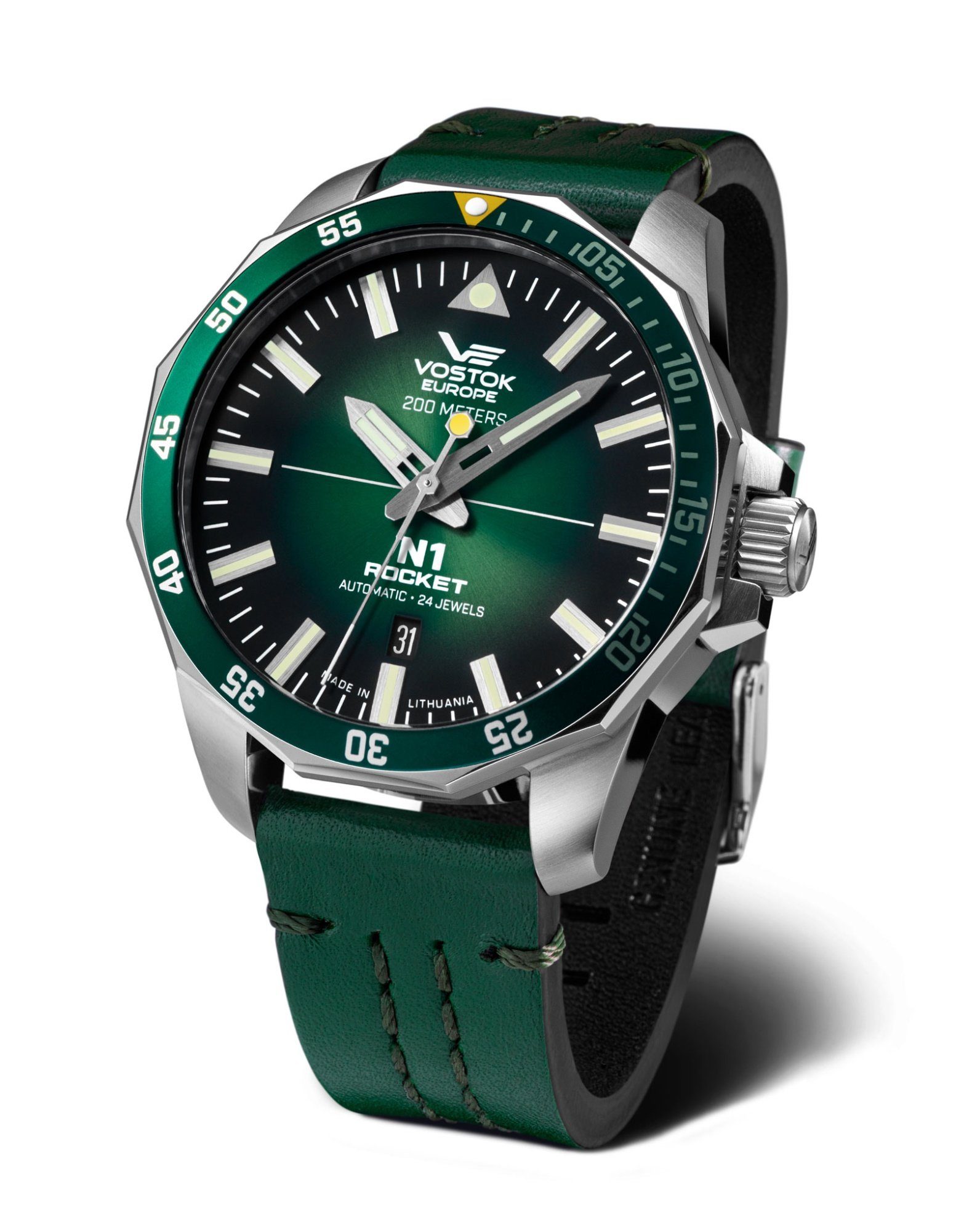 Vostok Europe Automatikuhr Rocket N1 – Herrenuhr, 46 mm Gehäuse, grünes Lederarmband, 225A710-L, sportlich-elegantes Design