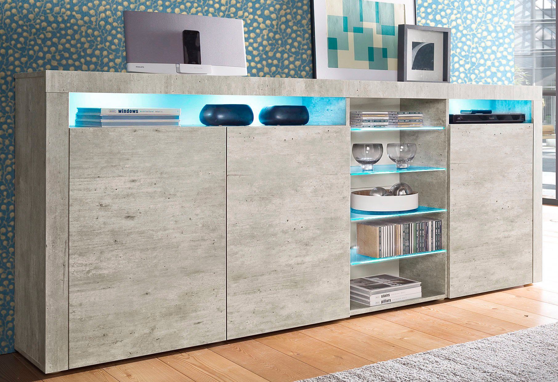borchardt Möbel Highboard Santa Fé, Sideboard mit eleganten Glasböden, Breite 200 cm, Breite 200 cm