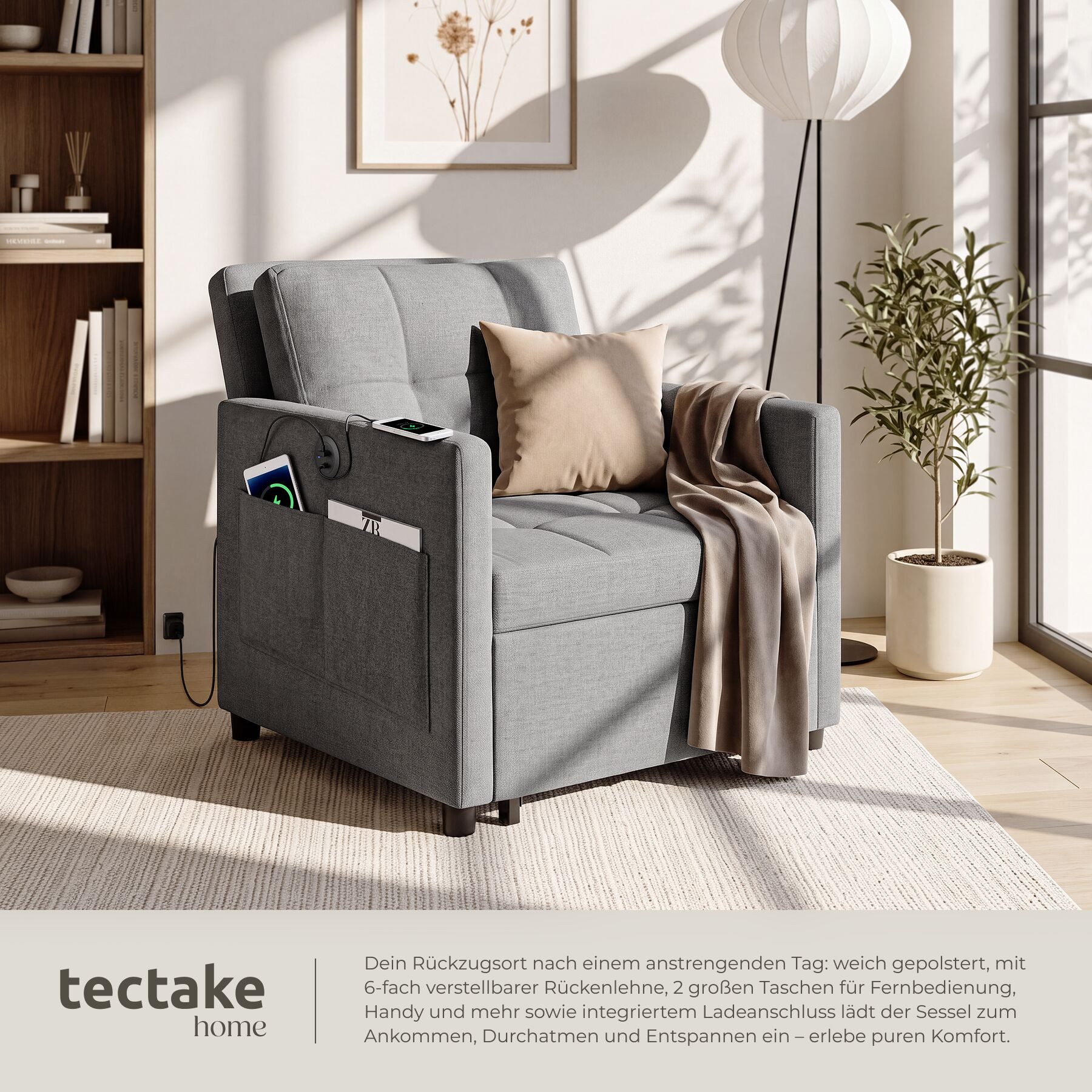 tectake Relaxsessel 3in1 Funktionssessel mit 6-fach verstellbarer Rückenlehne (Schlafsessel Mit Liegefunktion Toyama, in Grau), Stahlgestell, 2 große Seitentasc – Bild 4 von 5