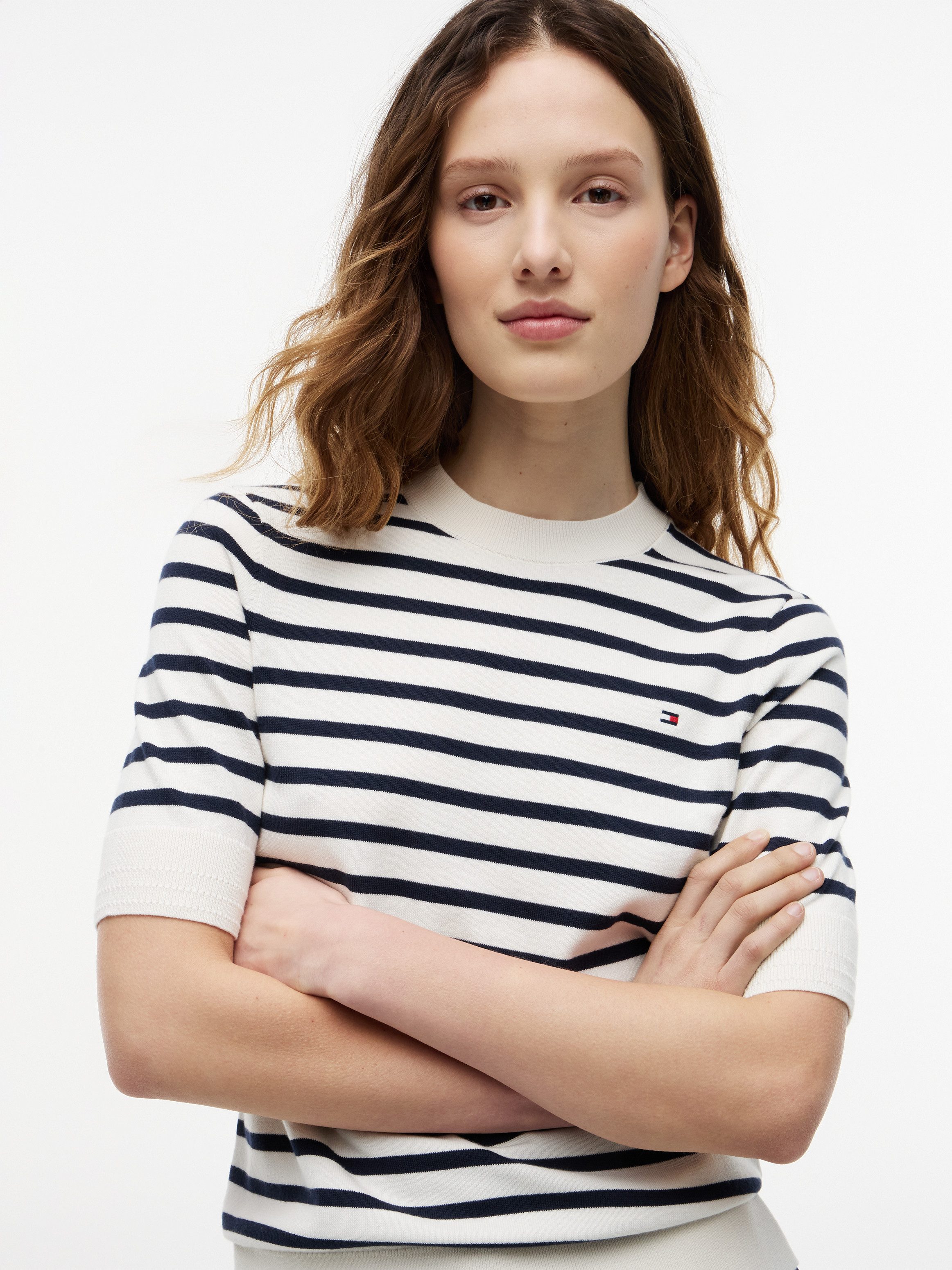Tommy Hilfiger Kurzarmpullover CO JERSEY FINE GG C-NK SS SWT Baumwollmischung, Regular Fit