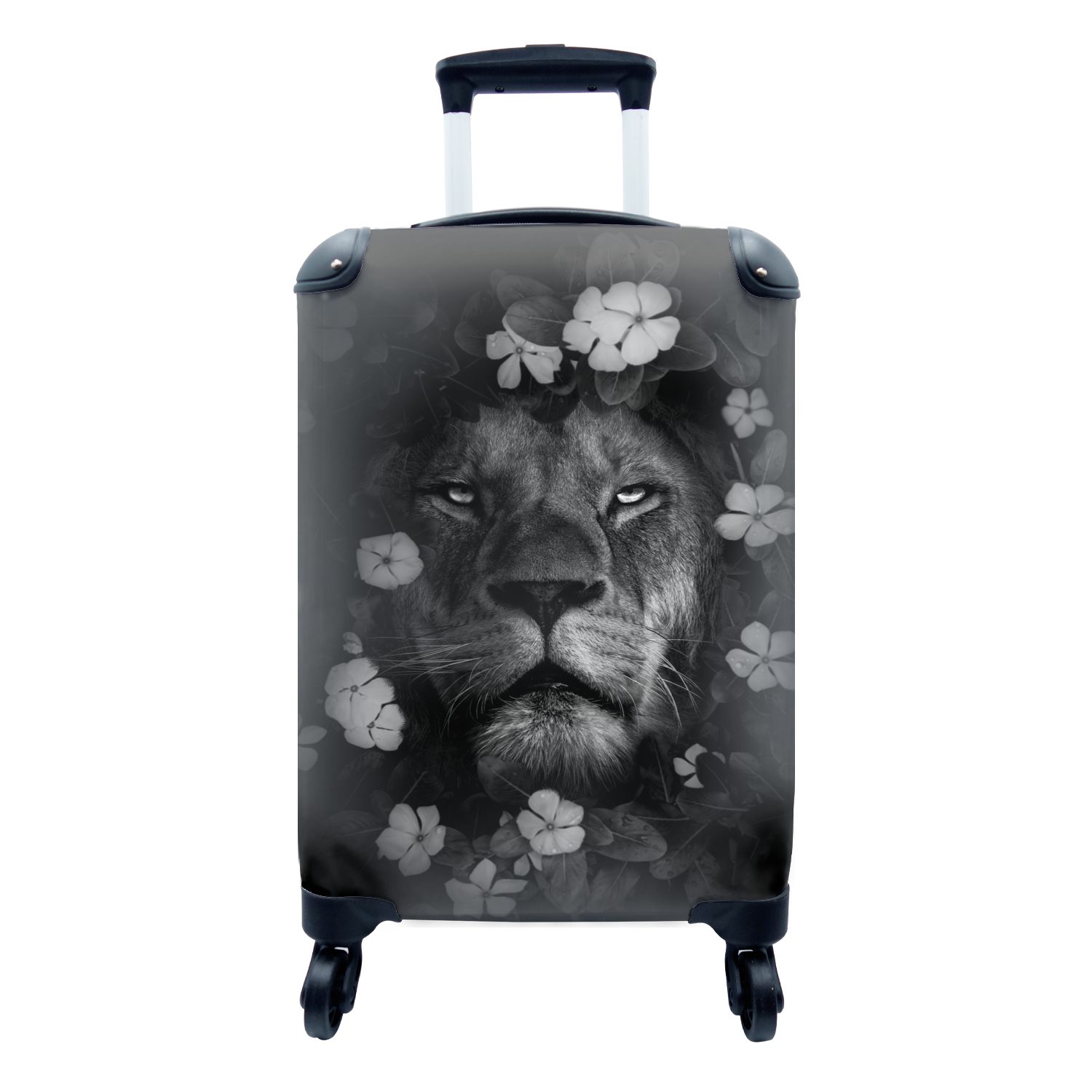 MuchoWow Handgepäckkoffer Löwe mit Blumen im Dschungel - schwarz und weiß, 4 Rollen, Reisetasche mit rollen, Handgepäck für Ferien, Trolley, Reisekoffer