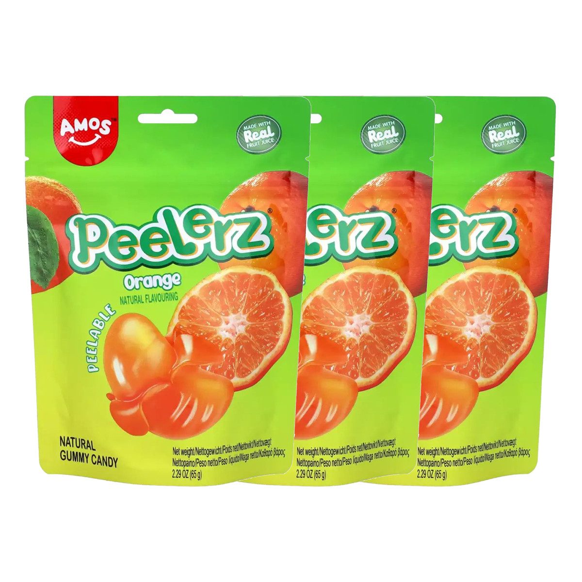 AMOS Süßigkeit, Amos Peelerz Gummies Orange mit einer fruchtigen Füllung 65g 3er Pack